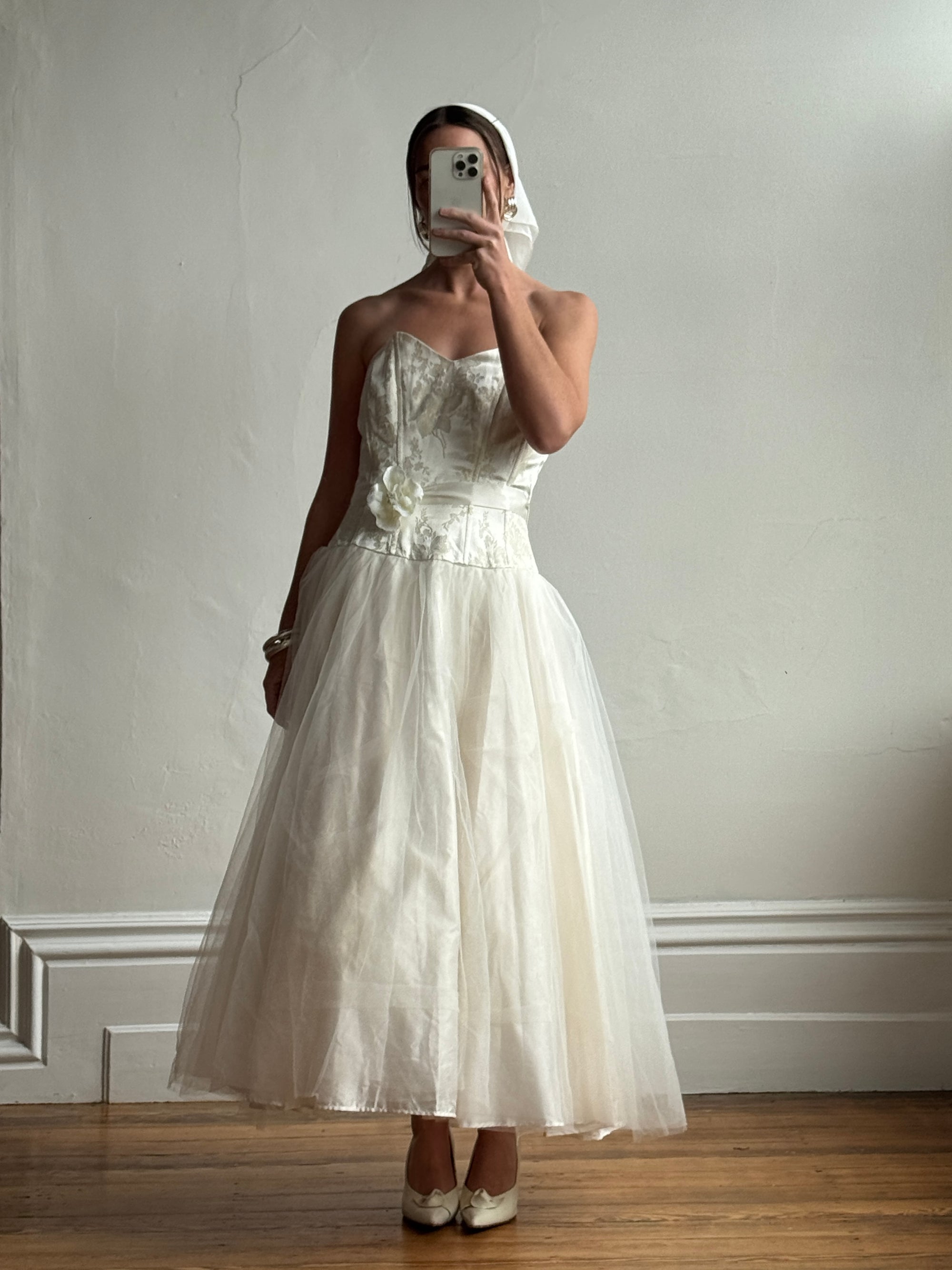 Vintage 50s Gold Brocade and Tulle Wedding Gown
