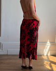 Vintage Y2K Burnt Velvet Beaded Fringe Halter and Skirt Set Crimson