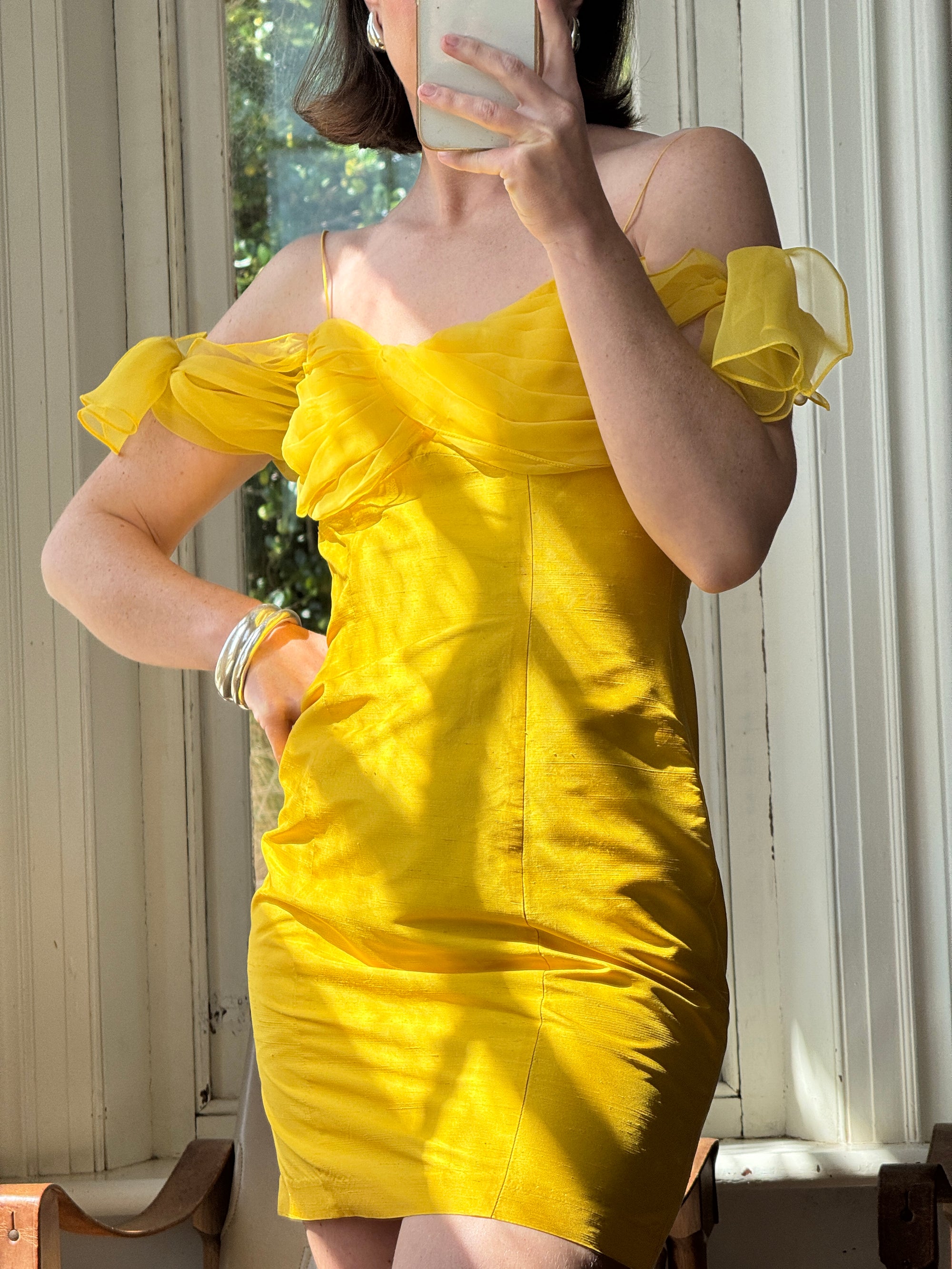 Vintage 90s Pure Silk Mini Dress Sunshine Yellow