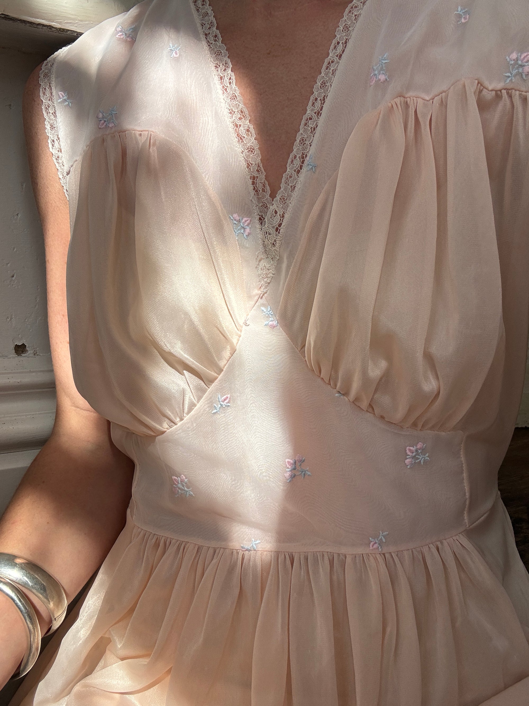 Vintage Apricot and Blue Petite Floral Maxi Dress