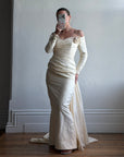 Vintage 90s Silk Rosette Off Shoulder Gown With Bow Train