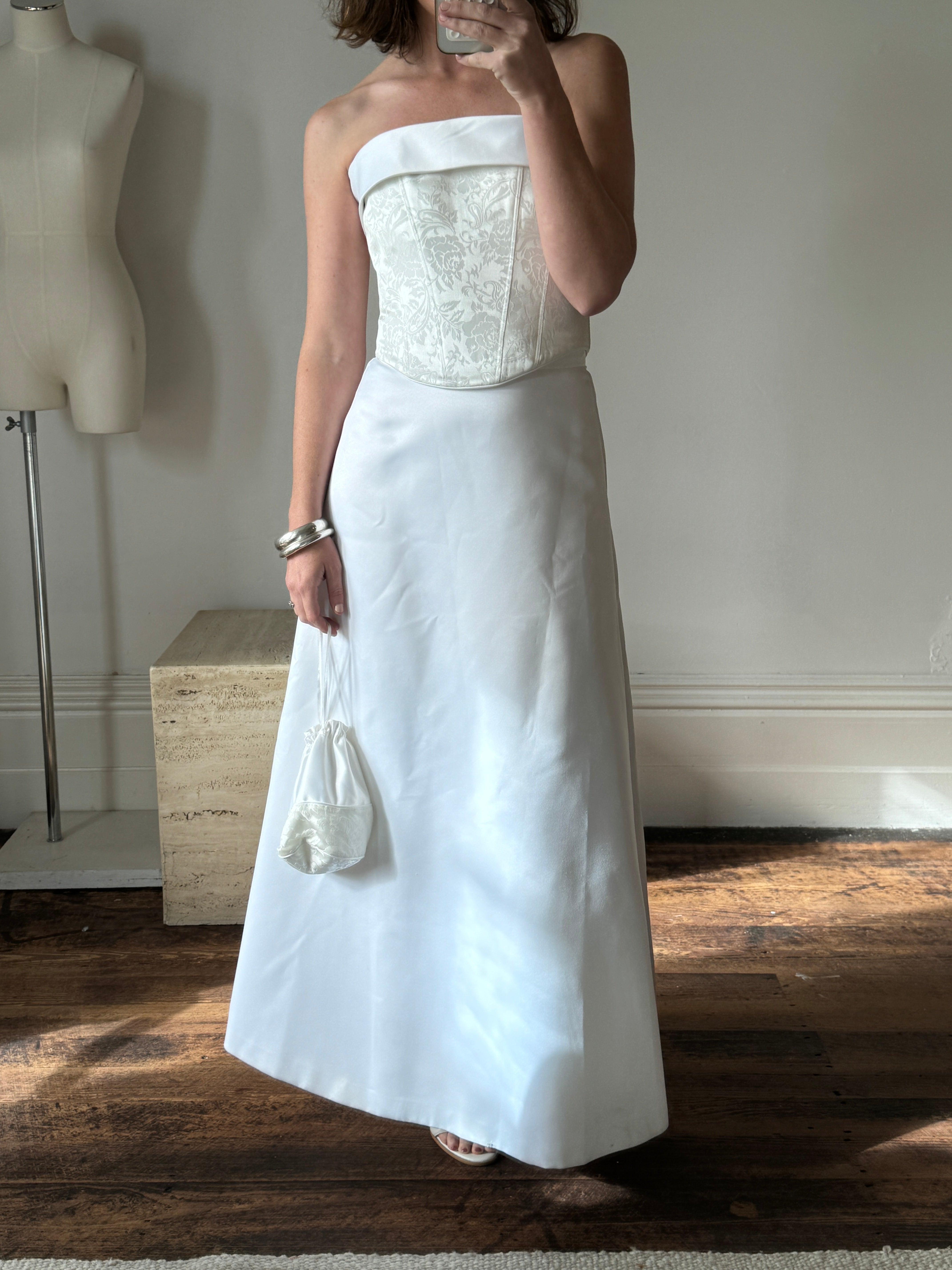Vintage 90s Two Piece Satin Bridal Skirt and Jacquard Bodice