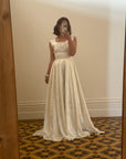 Vintage Satin Jacquard Floral Sleeveless Bridal Gown