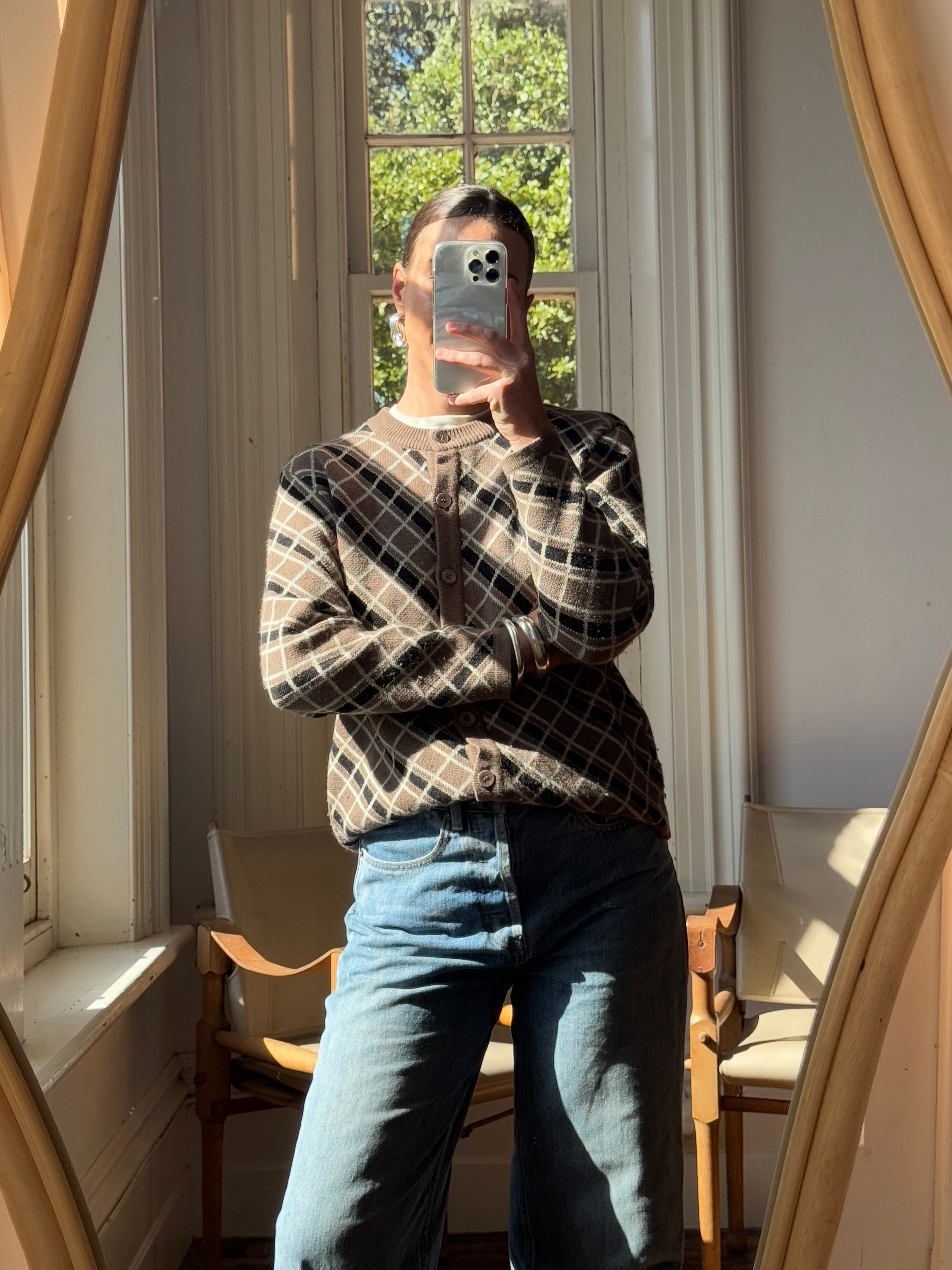 Vintage Pure Wool Check Cardi Taupe Black