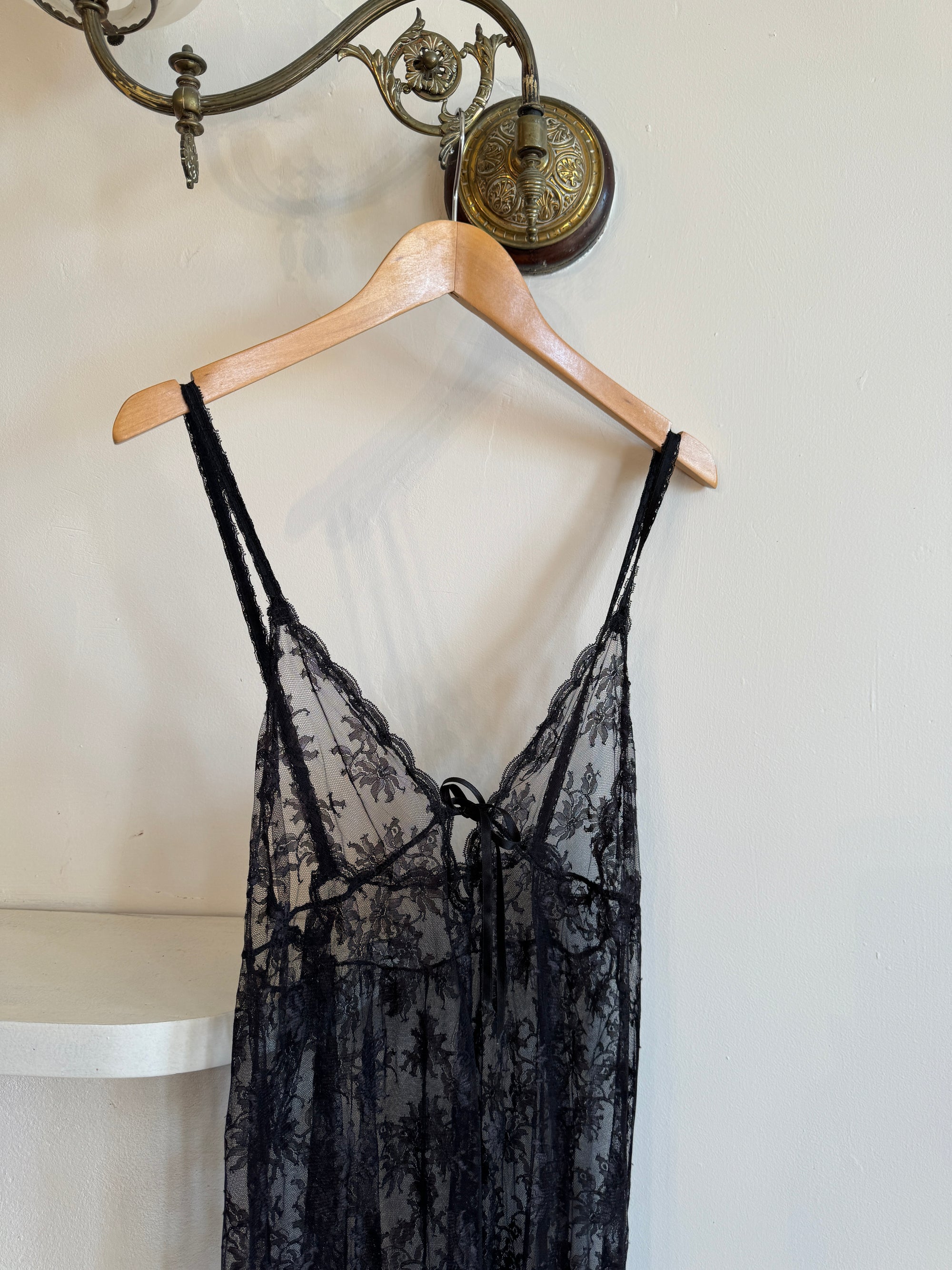 Vintage Black Lace Tie Front Slip Dress