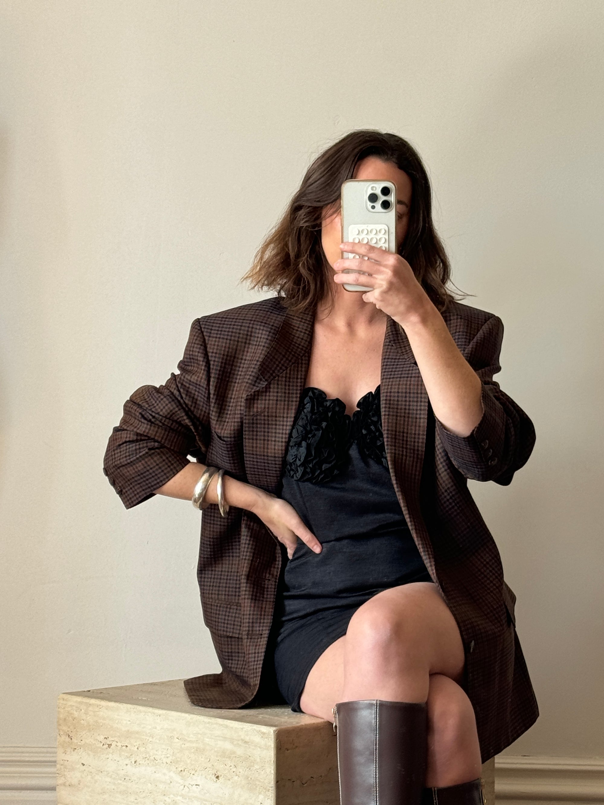 Vintage 90s Chocolate and Teal Plaid Tailored Blazer