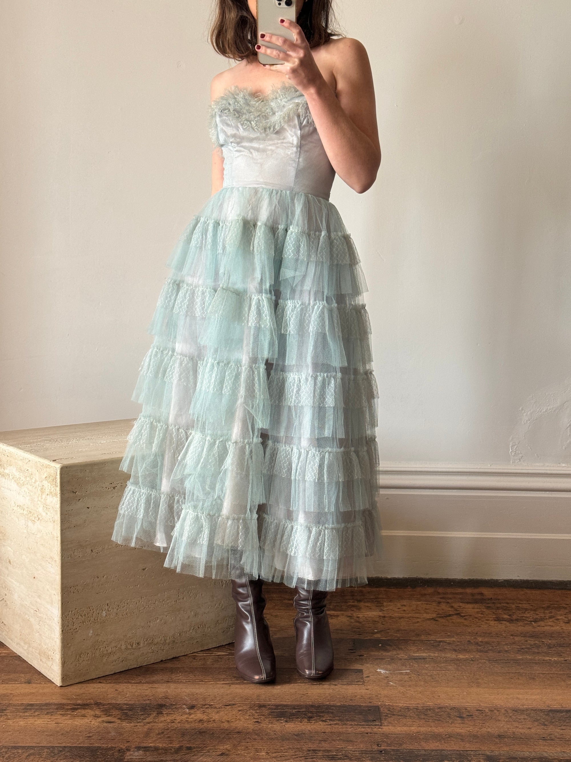 Vintage 40s Duck Egg Blue Tulle Prom Dress