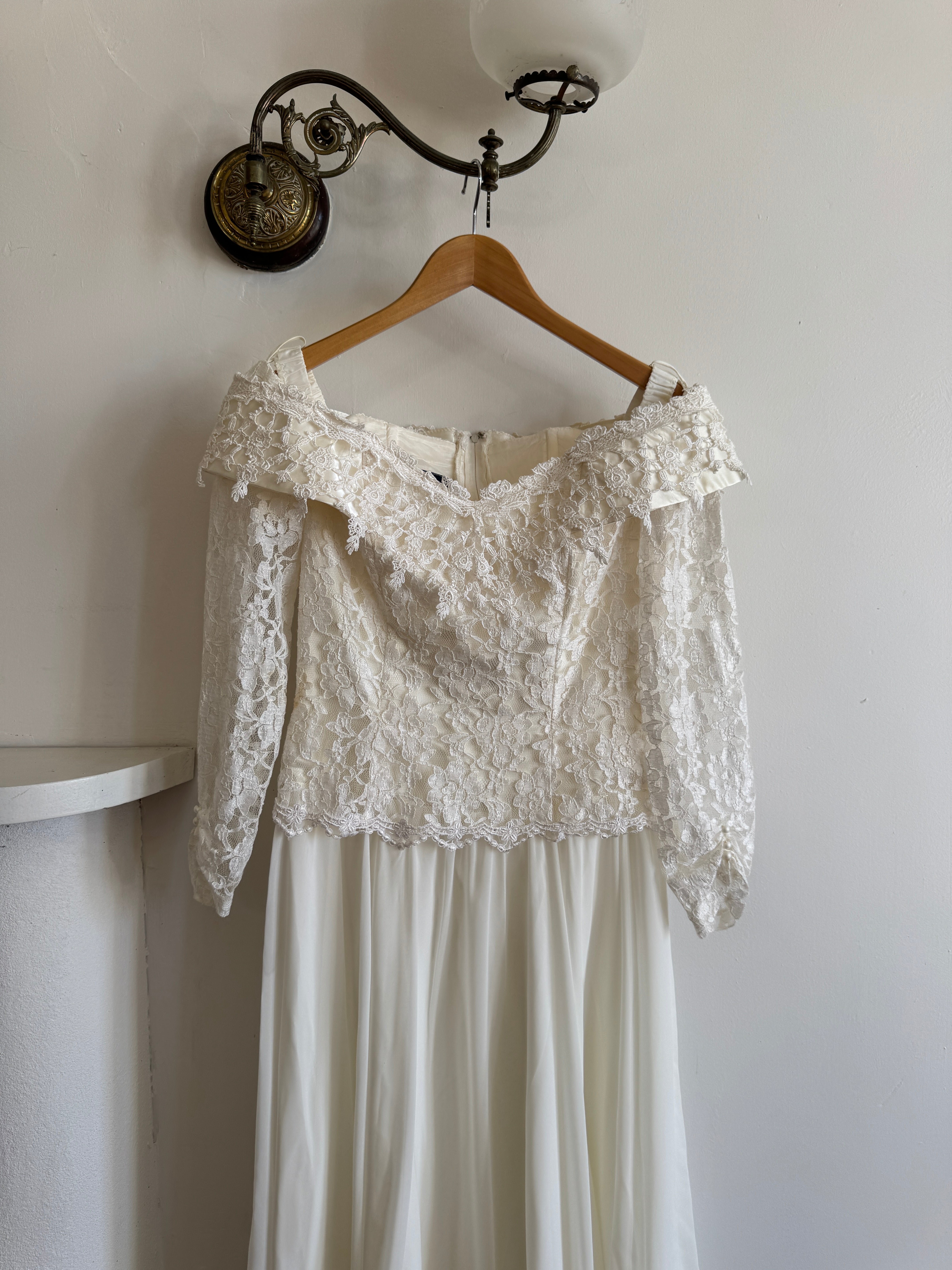 Vintage 90s Lace Off The Shoulder Chiffon Wedding Dress