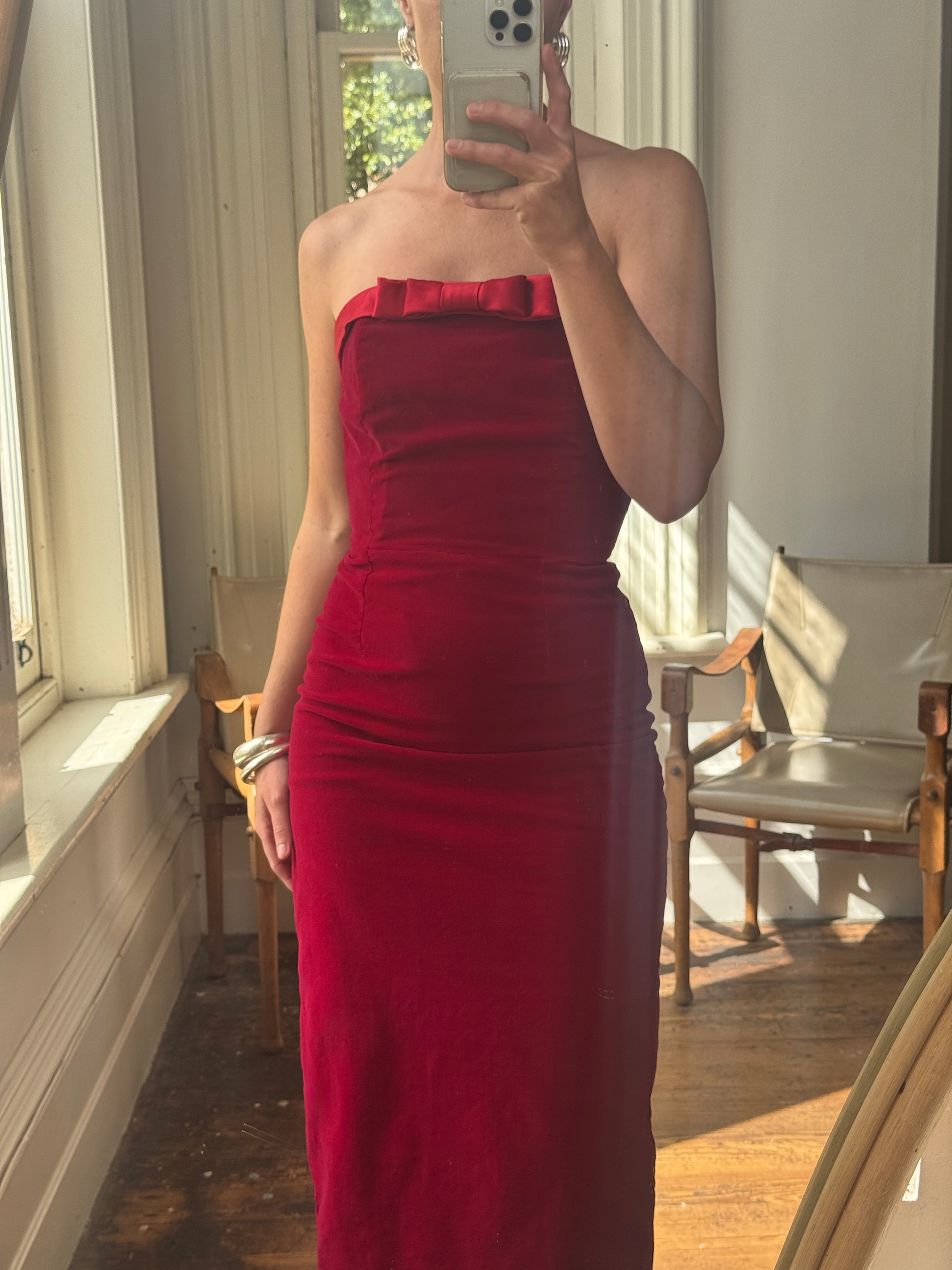 Vintage 90s Red Velvet Strapless Midi Dress with Bow