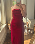 Vintage 90s Red Velvet Strapless Midi Dress with Bow