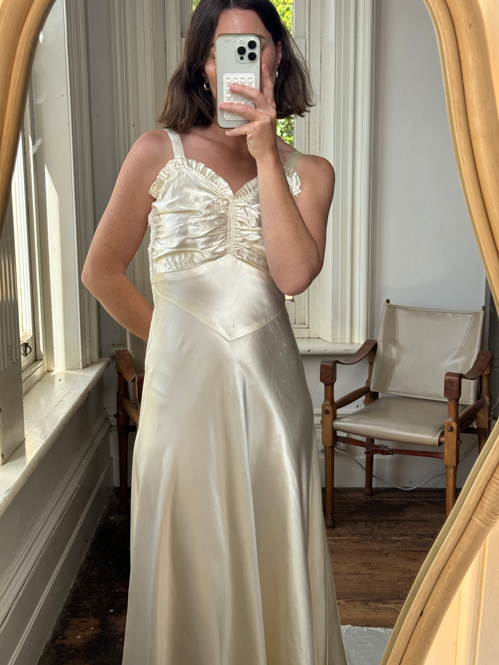 Vintage 30s Creme Liquid Satin Dress with Train and Jacket