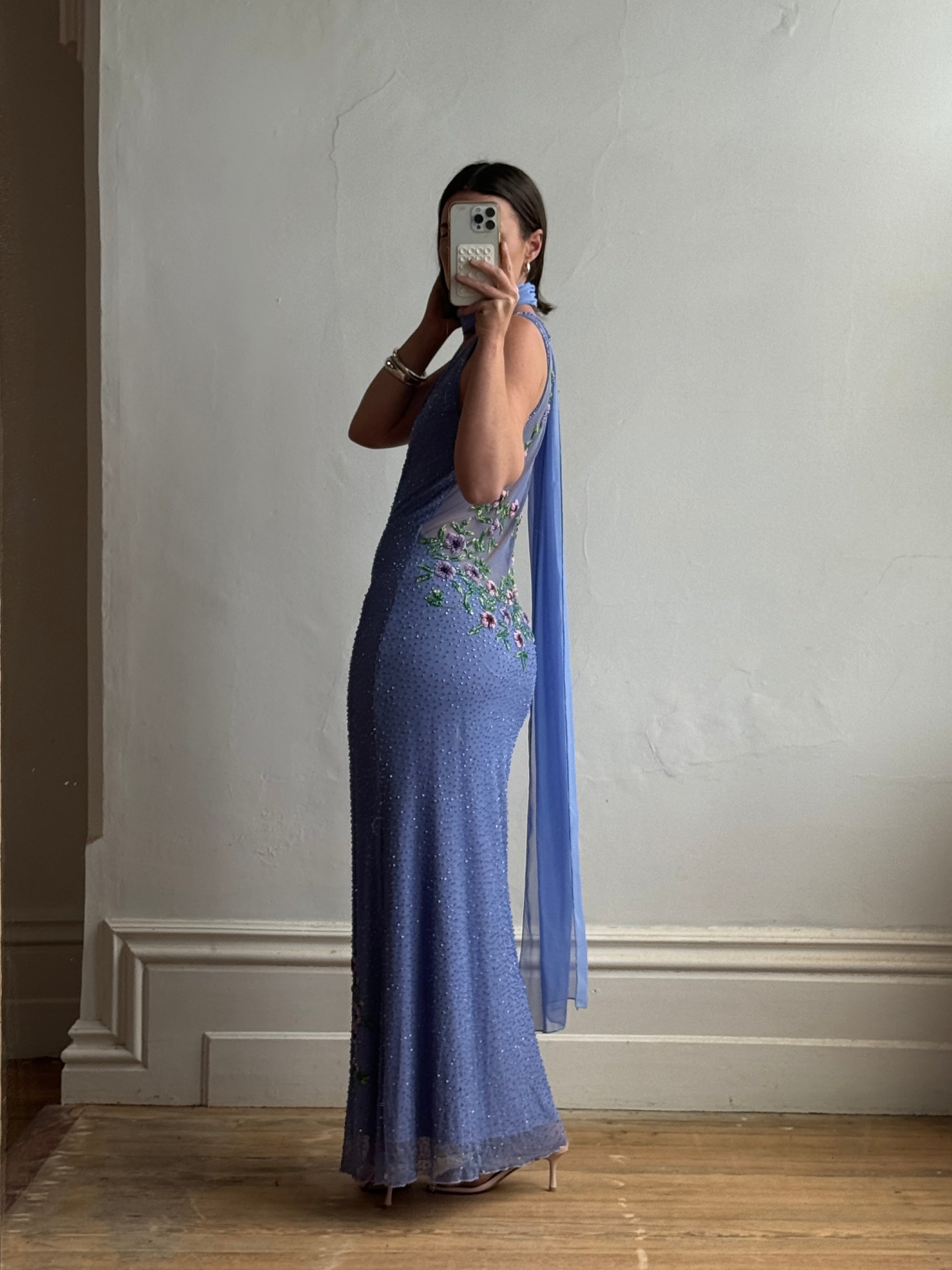 Vintage 90s Cornflour Blue Beaded Evening Gown With Scarf