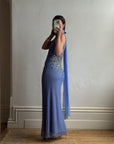 Vintage 90s Cornflour Blue Beaded Evening Gown With Scarf