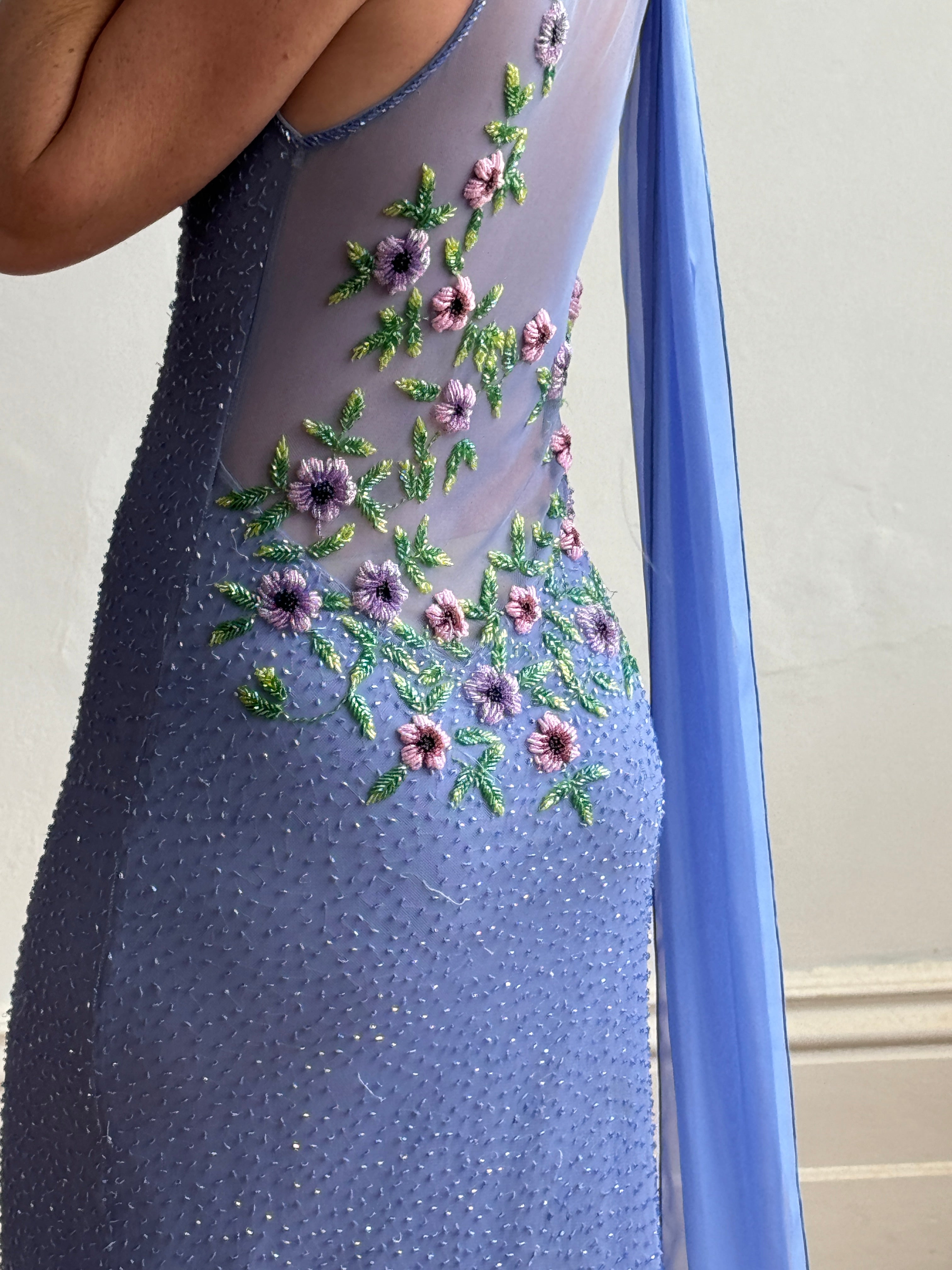 Vintage 90s Cornflour Blue Beaded Evening Gown With Scarf