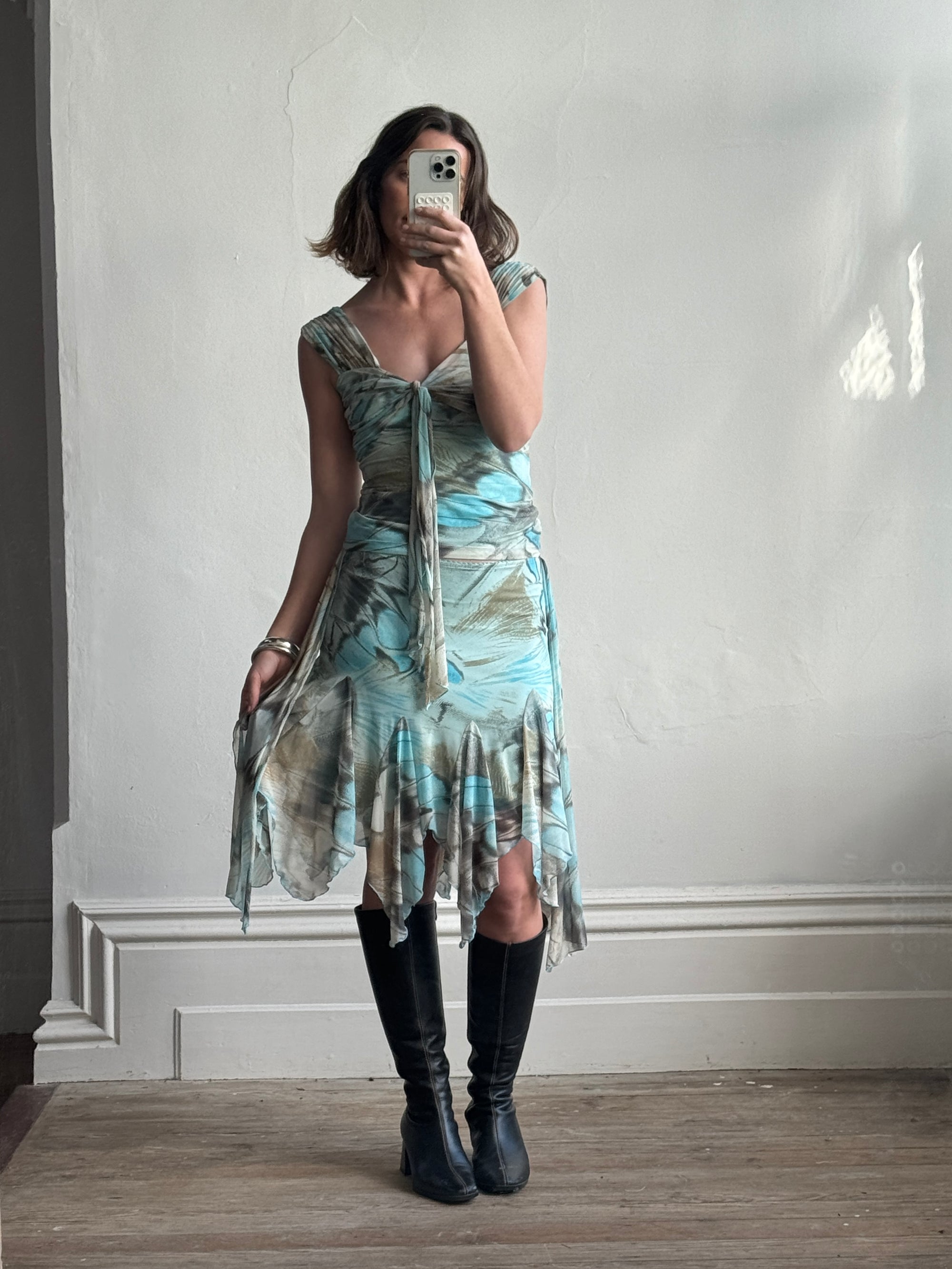 Vintage Y2K Butterfly Top and Skirt Set Aqua