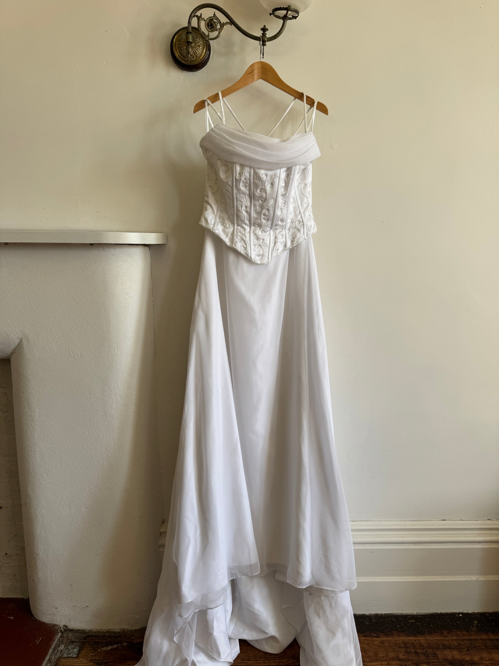 Vintage 90s Embroidered Corset Cowl Neck Wedding Dress