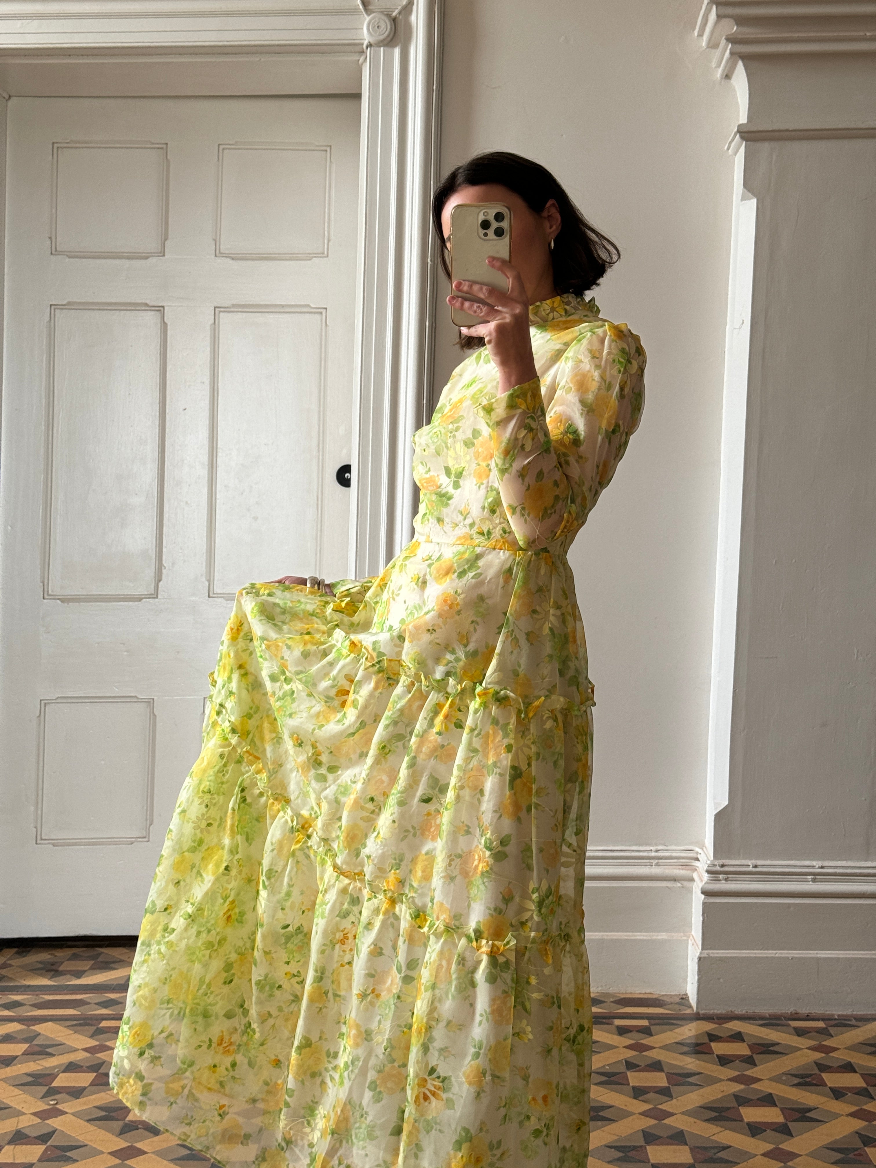 Vintage 70s Lemon Floral Tiered Maxi Dress