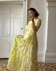 Vintage 70s Lemon Floral Tiered Maxi Dress
