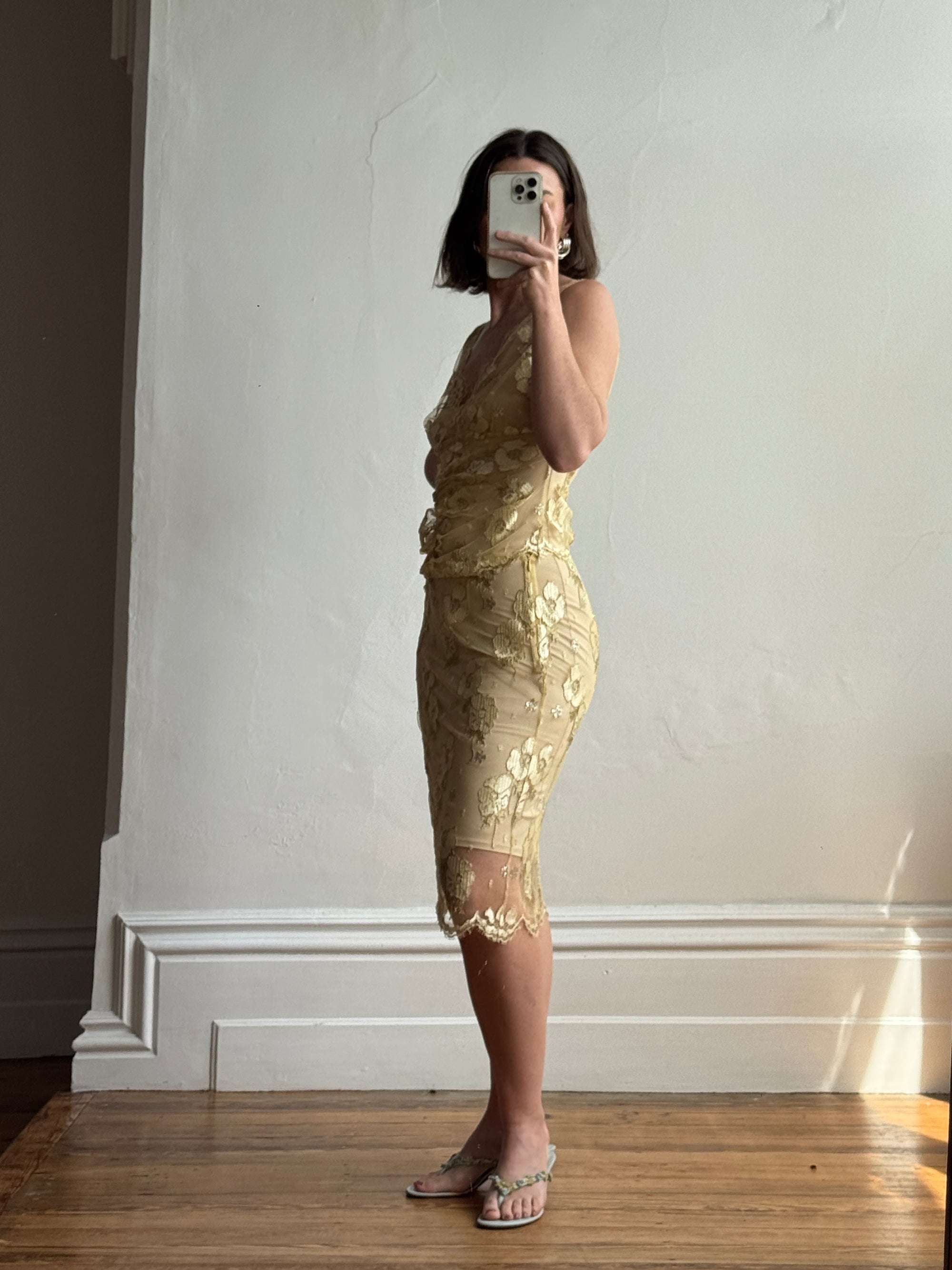 Vintage 2002 Collette Dinnigan Gold Foil Floral Two Piece Set