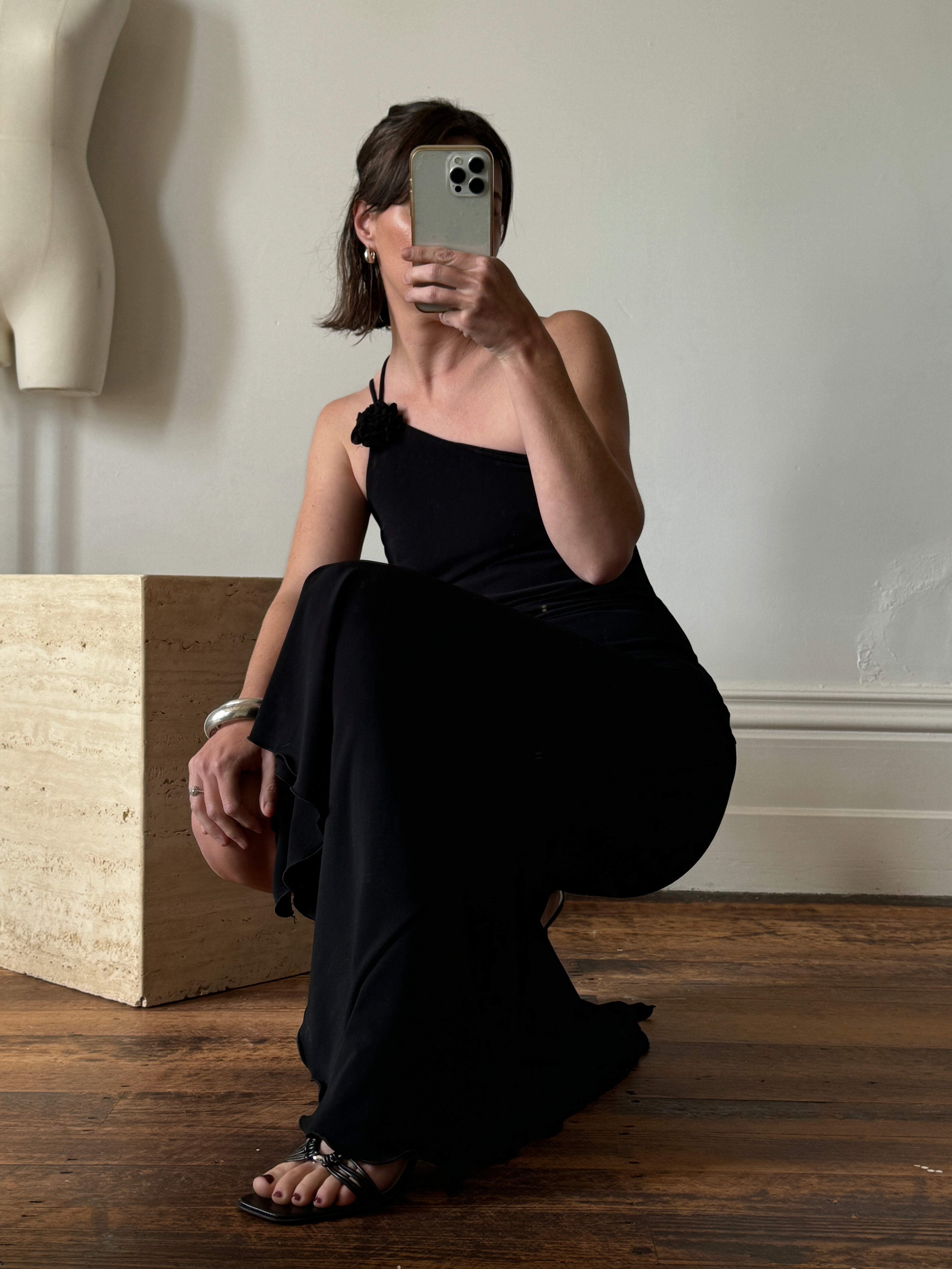 Vintage 90s One Shoulder Evening Dress Noir