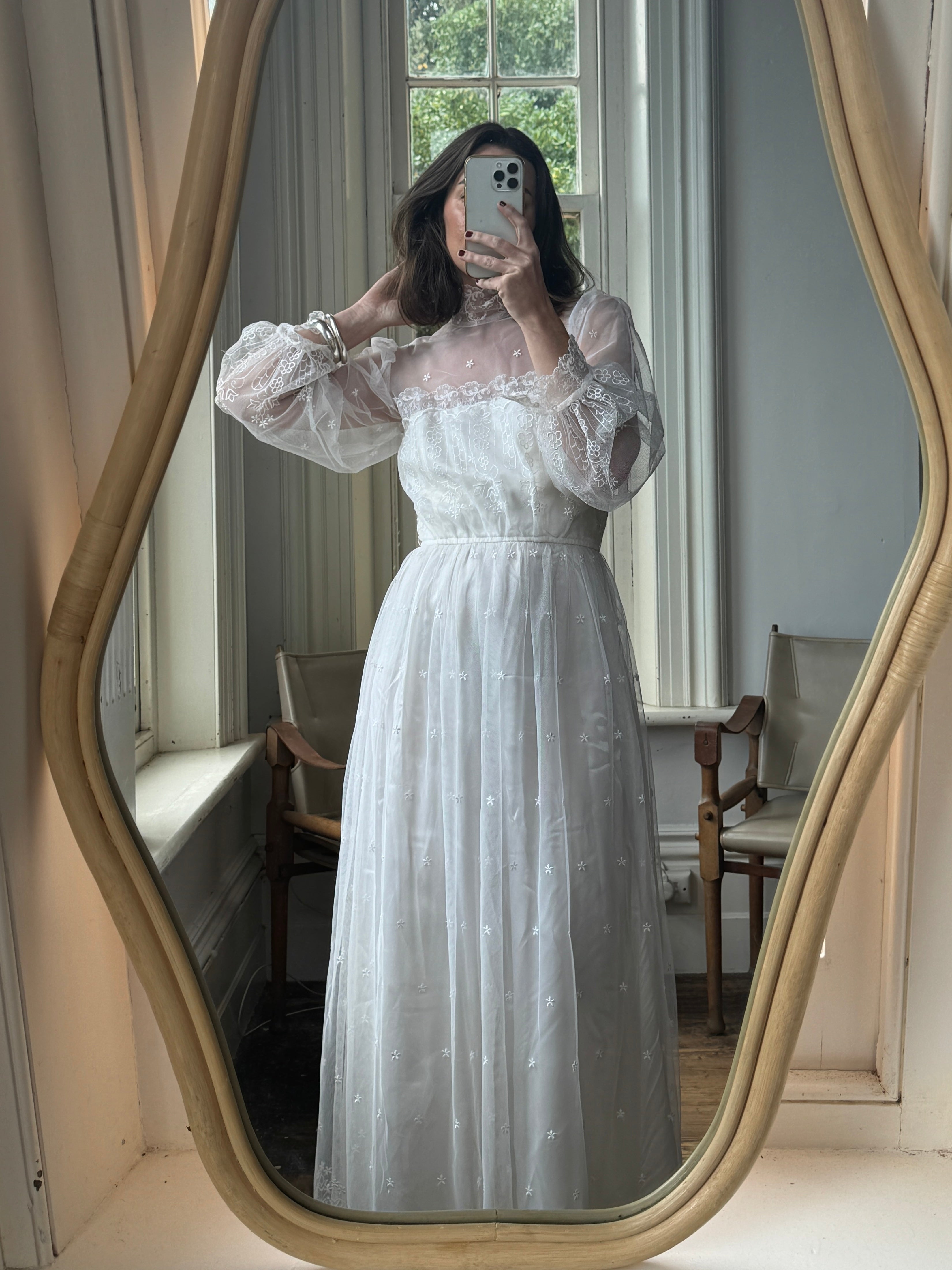 Vintage 70s High Neck Embroidered Long Sleeve Wedding Dress