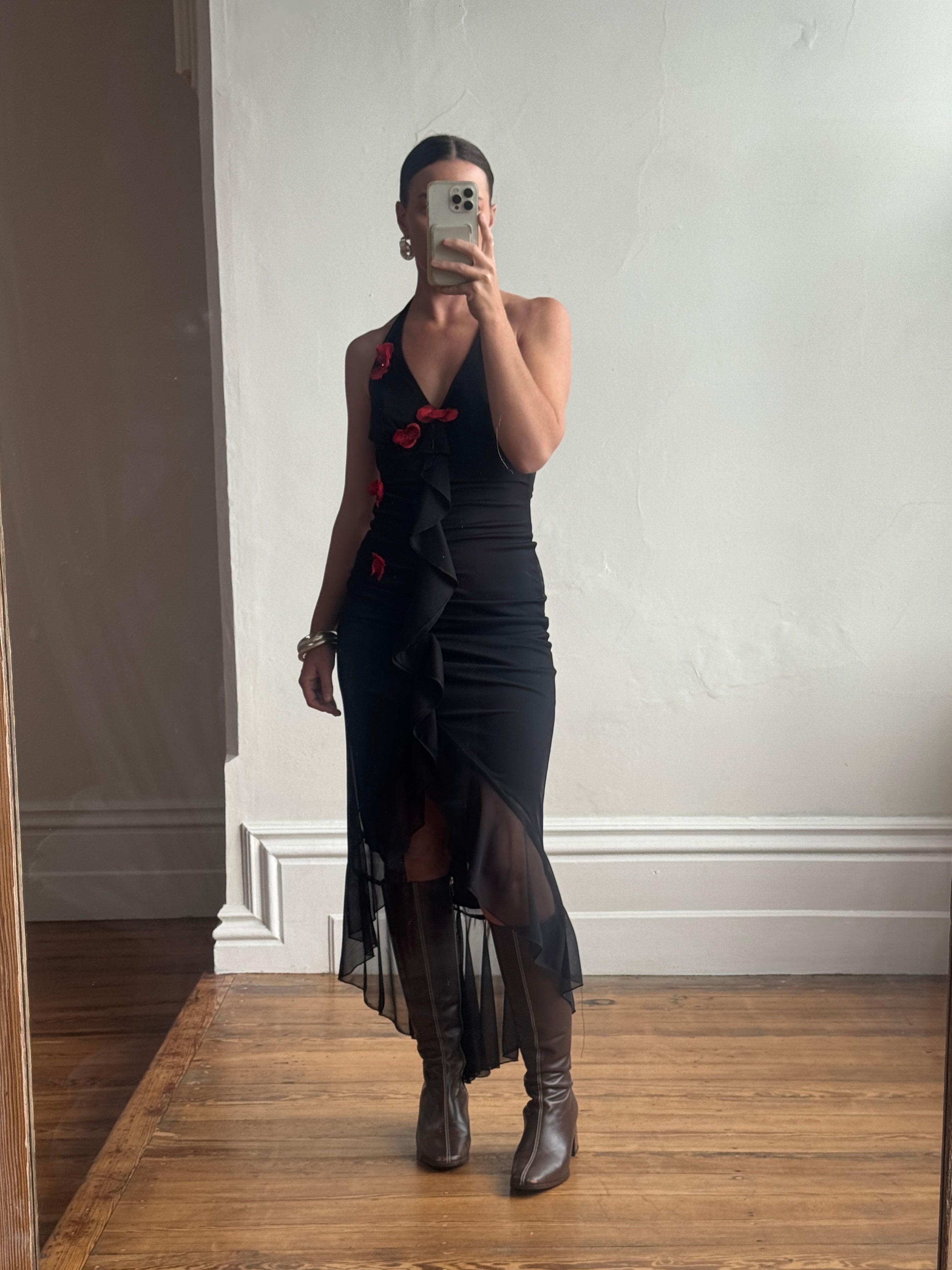 Vintage 90s Halter Rose Fairy Dress Noir