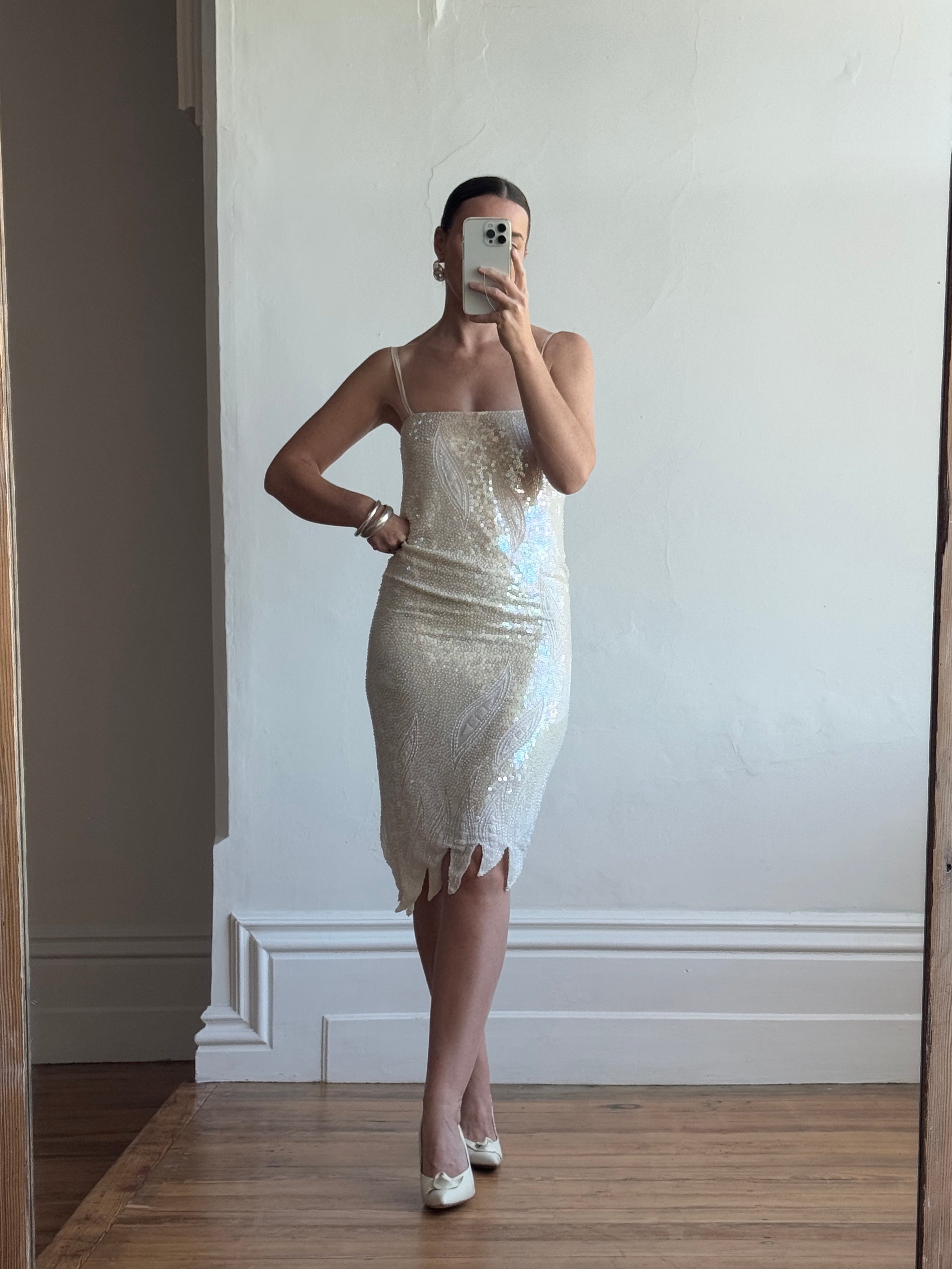 Vintage 90s Pure Silk Sequin Party Dress Creme