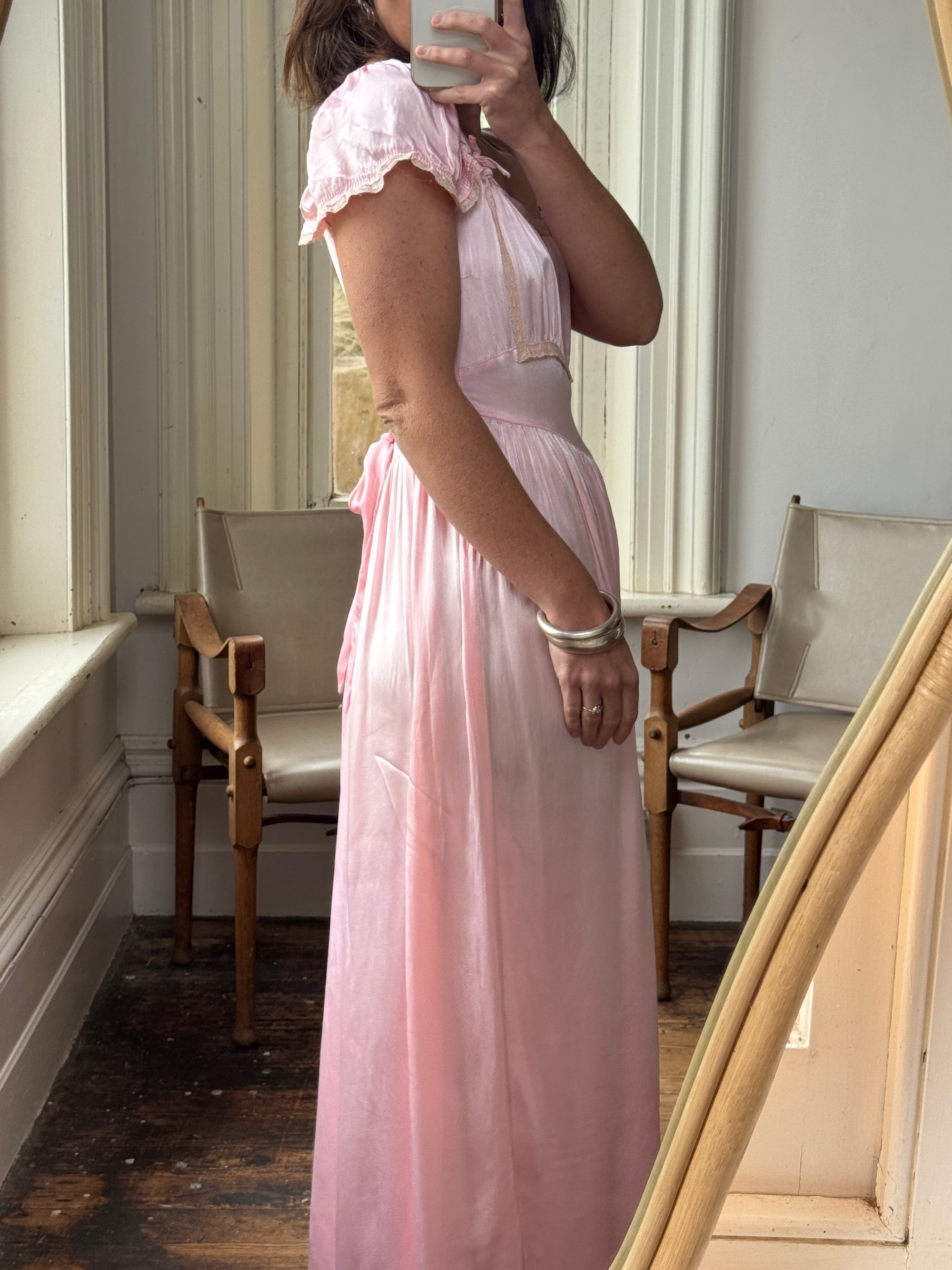 Vintage 30s Baby Pink Liquid Satin Slip with Creme Lace Trim