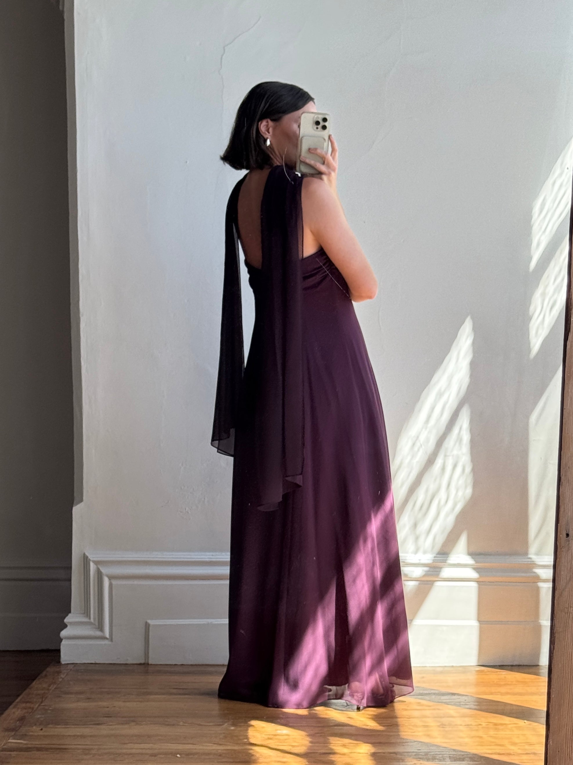 Vintage 90s Eggplant Cowl Neck Dress With Scarf