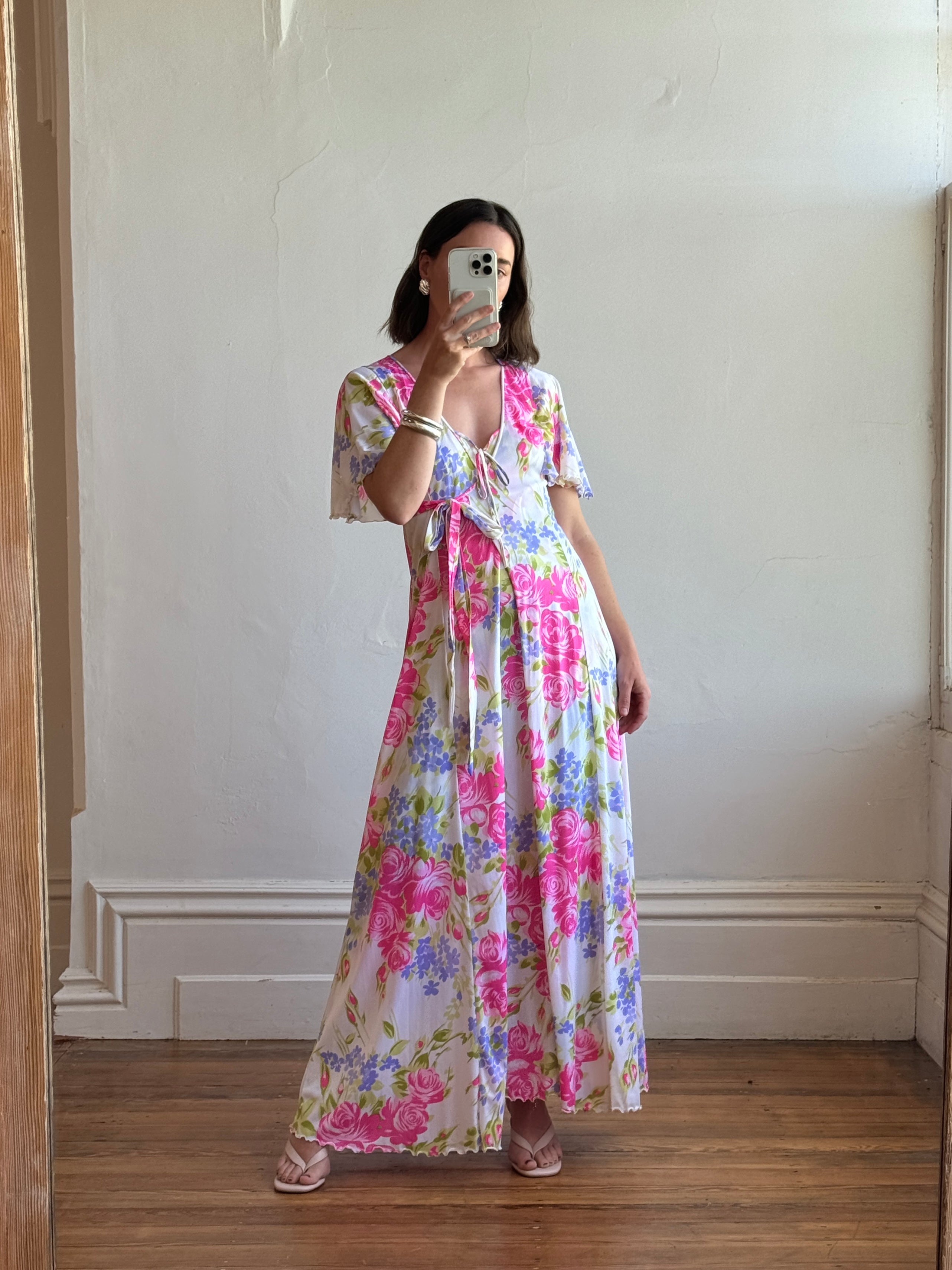 Vintage 70s Pink Floral Slip and Wrap Dress Set