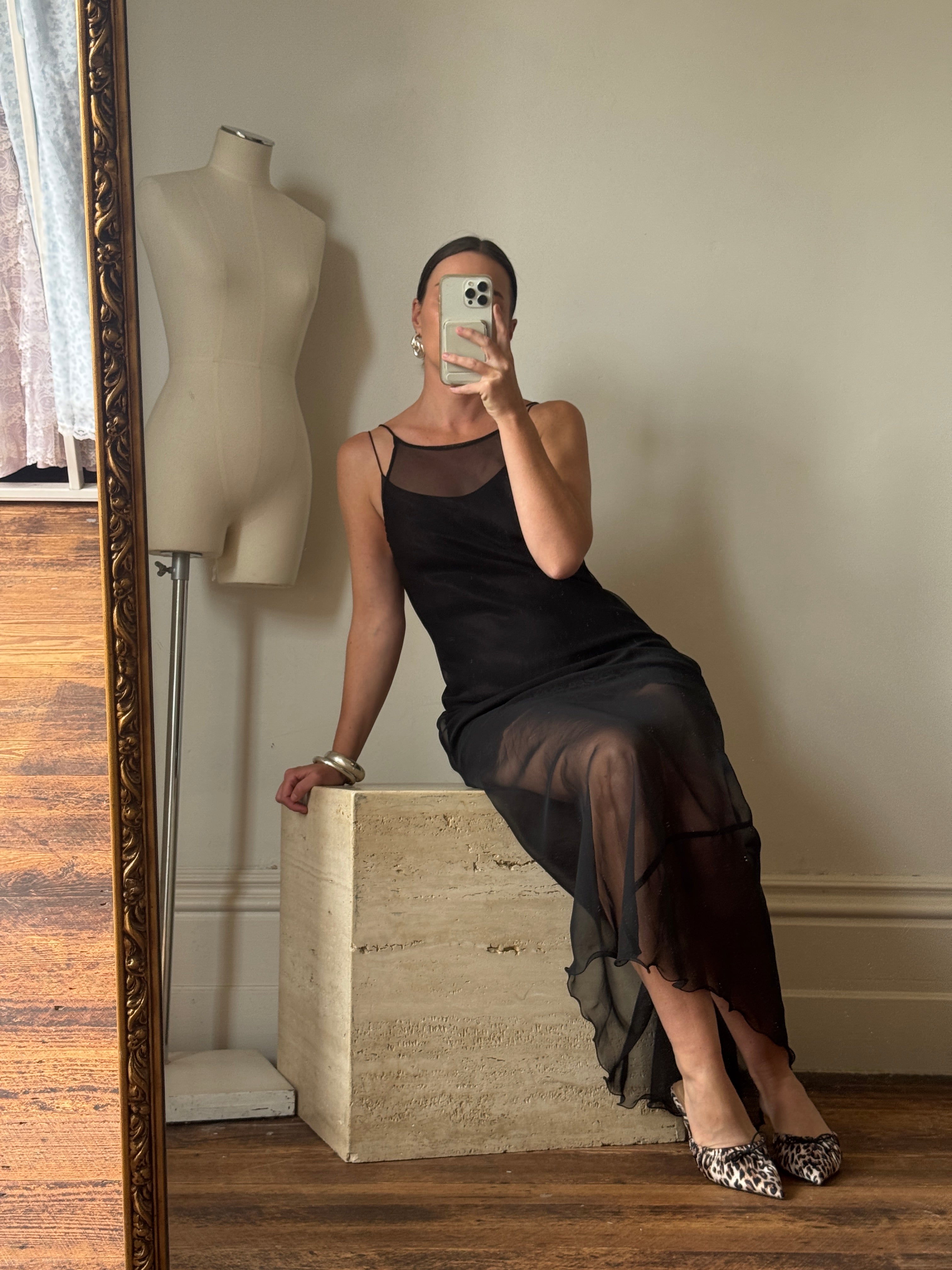 Vintage 90s Archival Jenny Bannister Sheer Slip Dress Noir