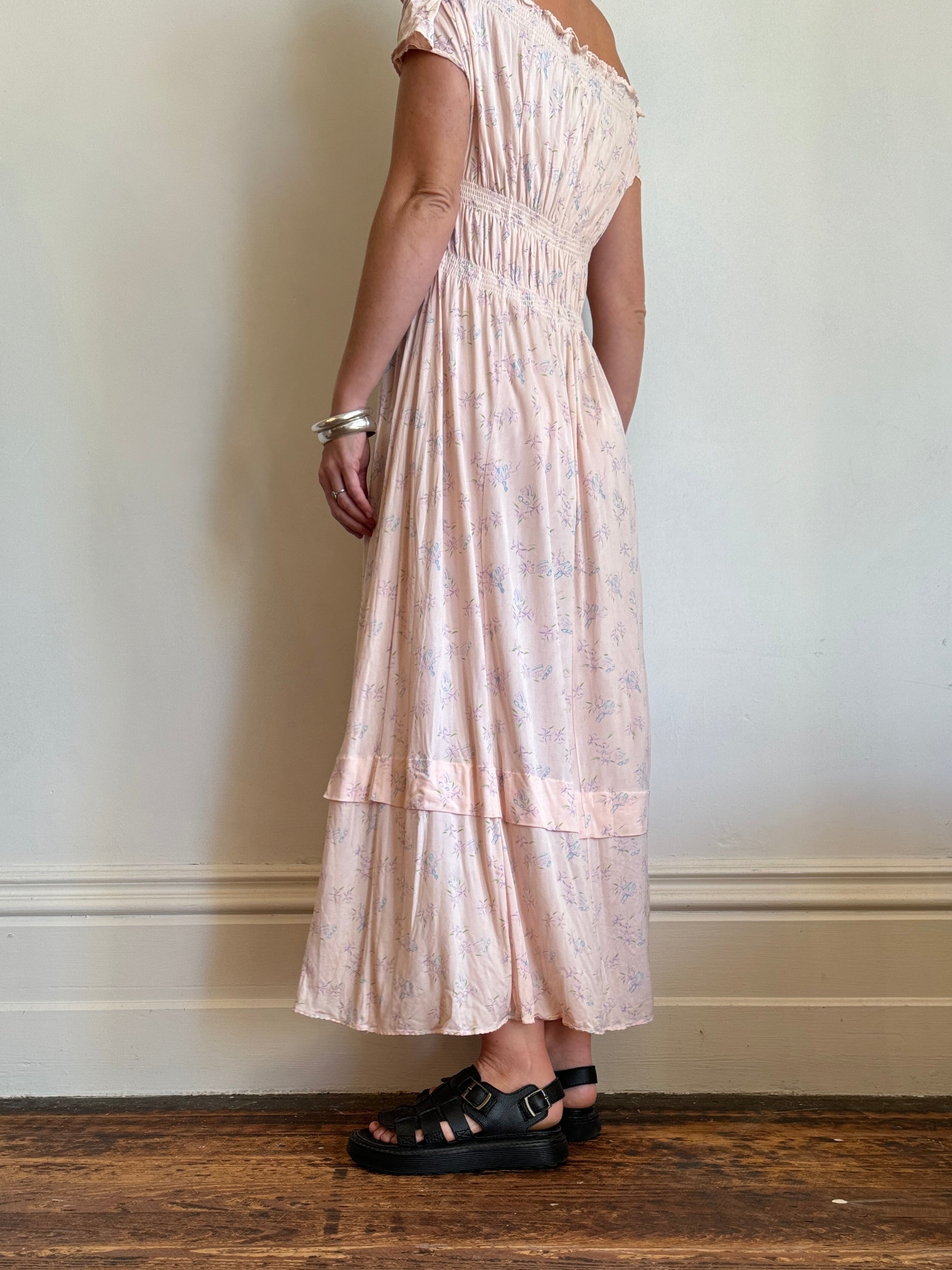 Vintage Baby Pink Floral Off The Shoulder Day Dress