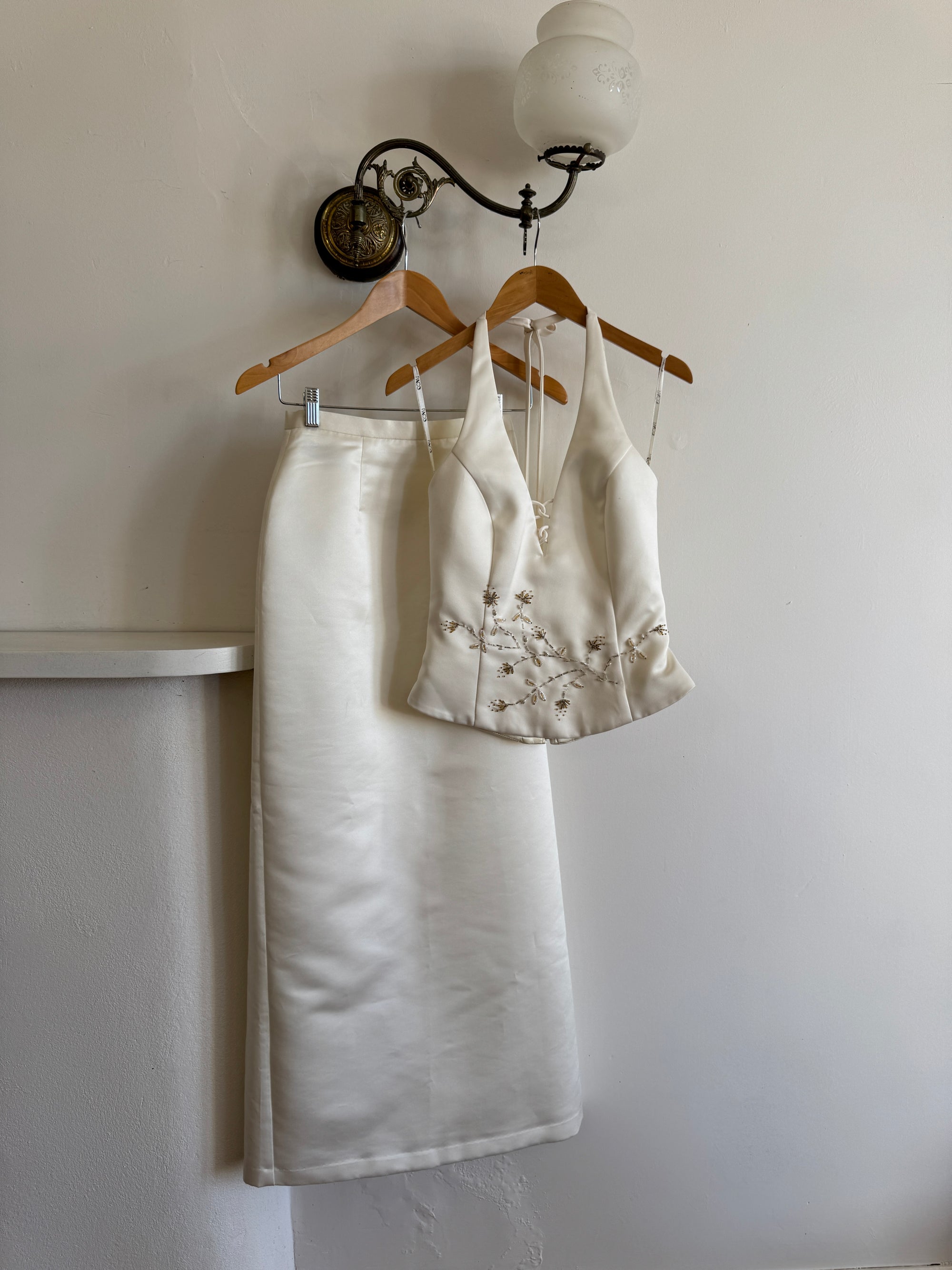 Vintage 90s Halter Two Piece Embellished Satin Wedding Set