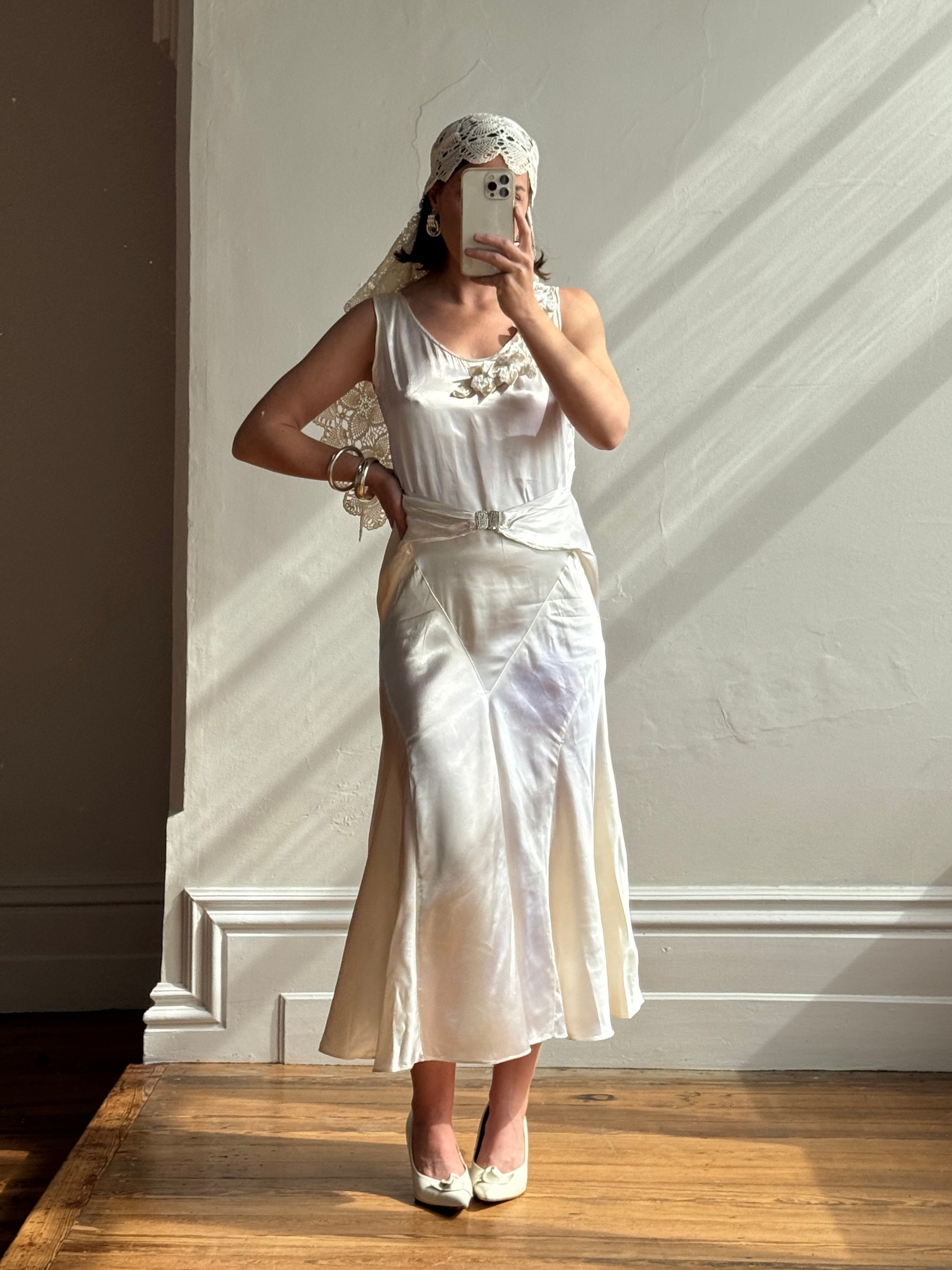 Vintage 30s Satin Bias Belted Bridal Midi