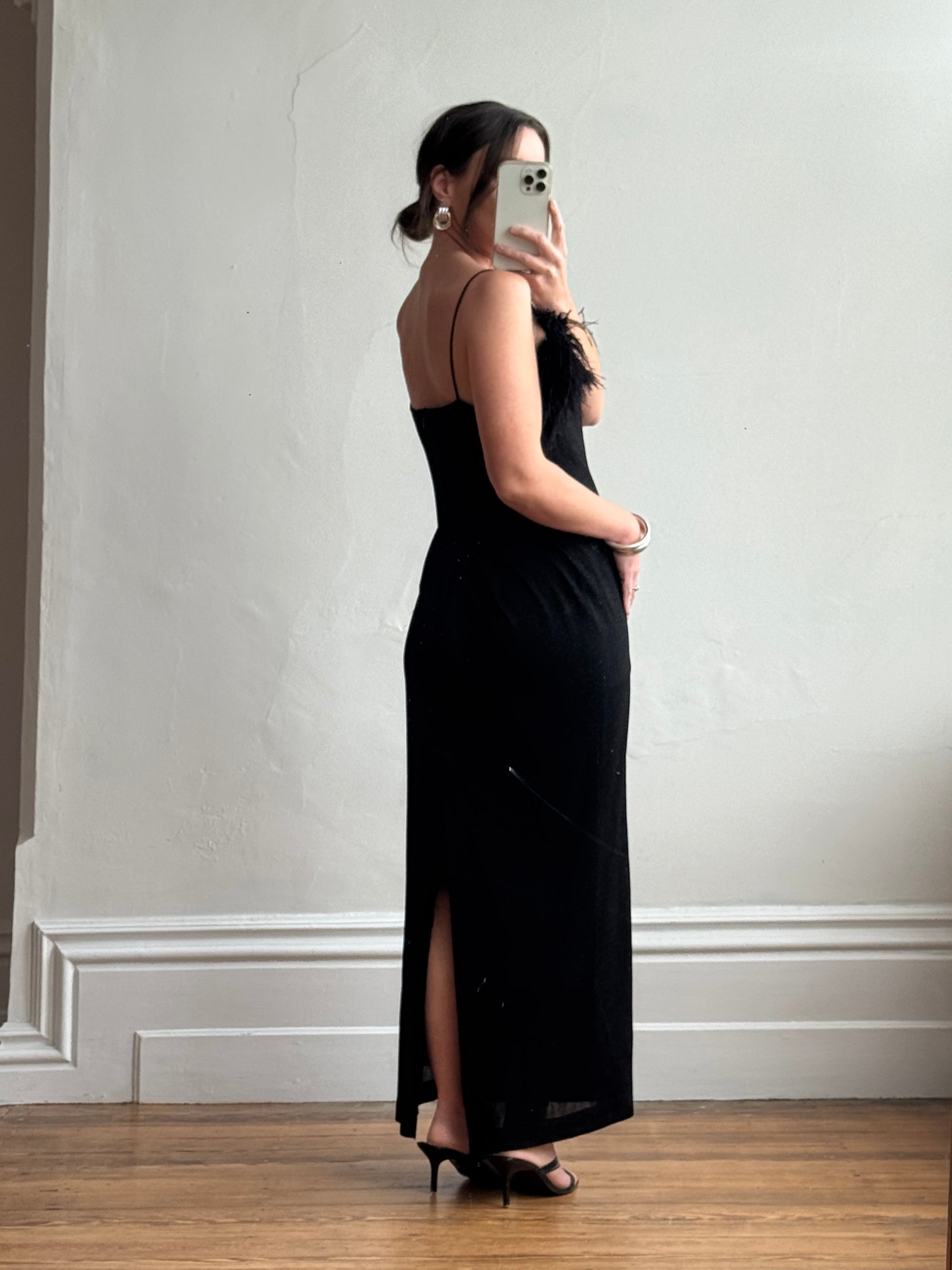 Vintage 90s Lurex Ostrich Feather Dress Noir