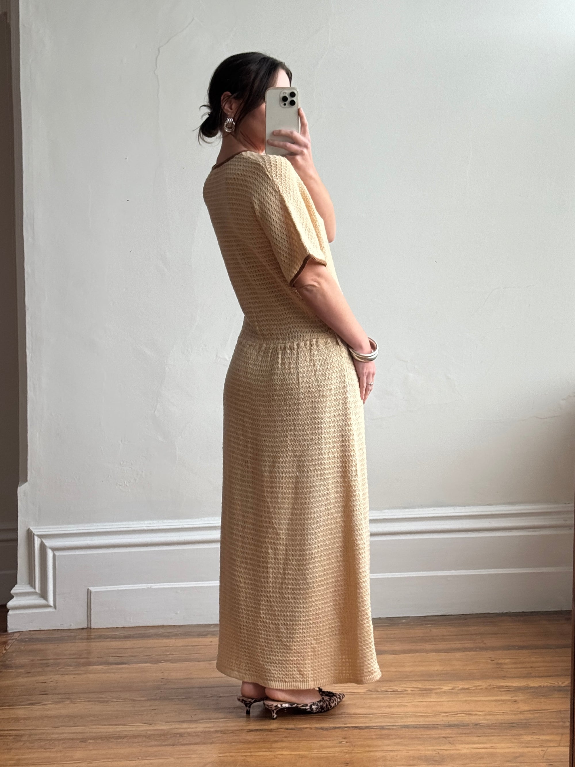 Vintage 70s Silk Blend Crochet Knit Drop Waist Maxi Dress