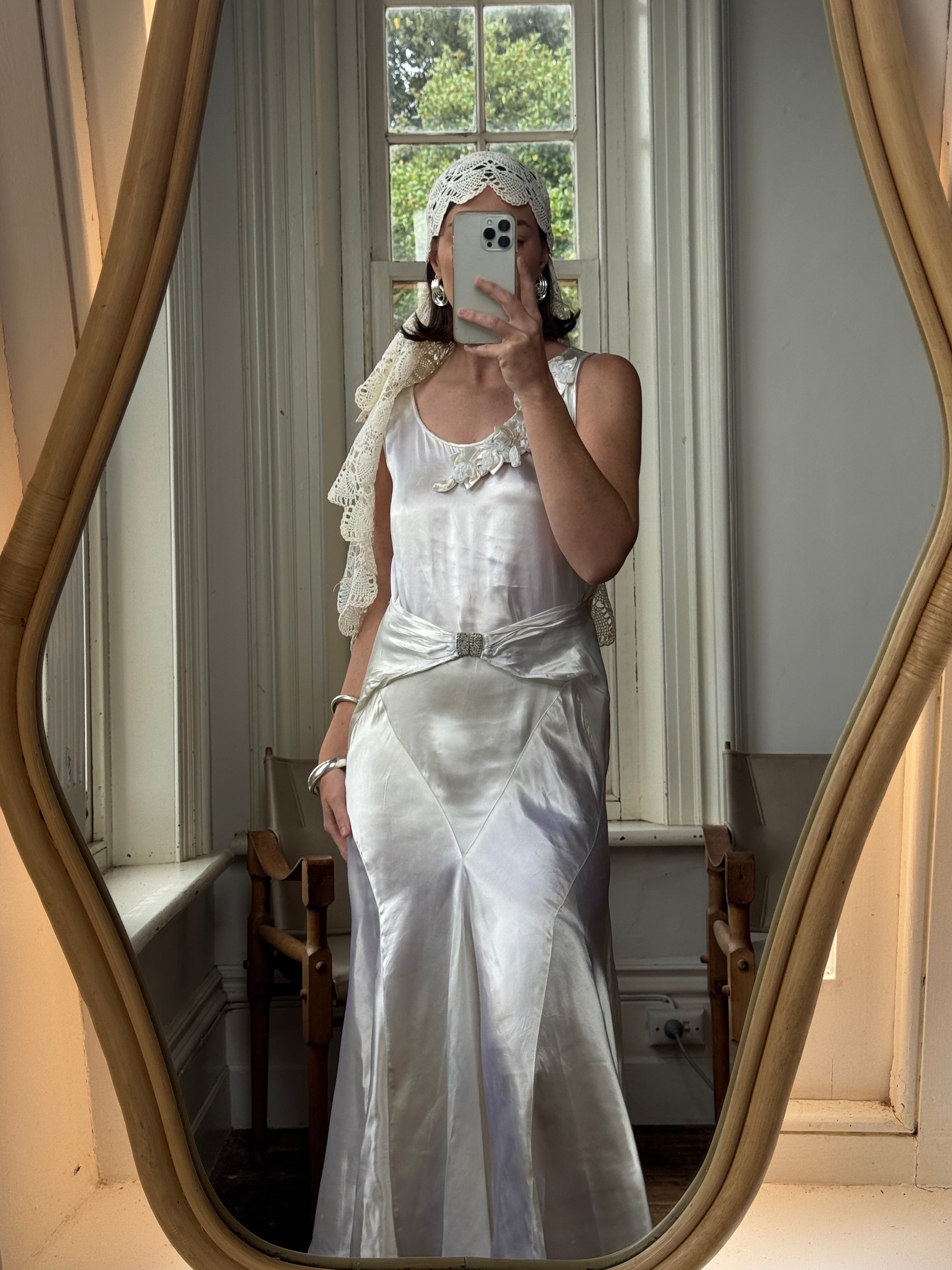 Vintage 30s Satin Bias Belted Bridal Midi