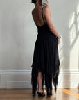 Vintage 90s Pure Silk Backless Beaded Fairy Dress Noir