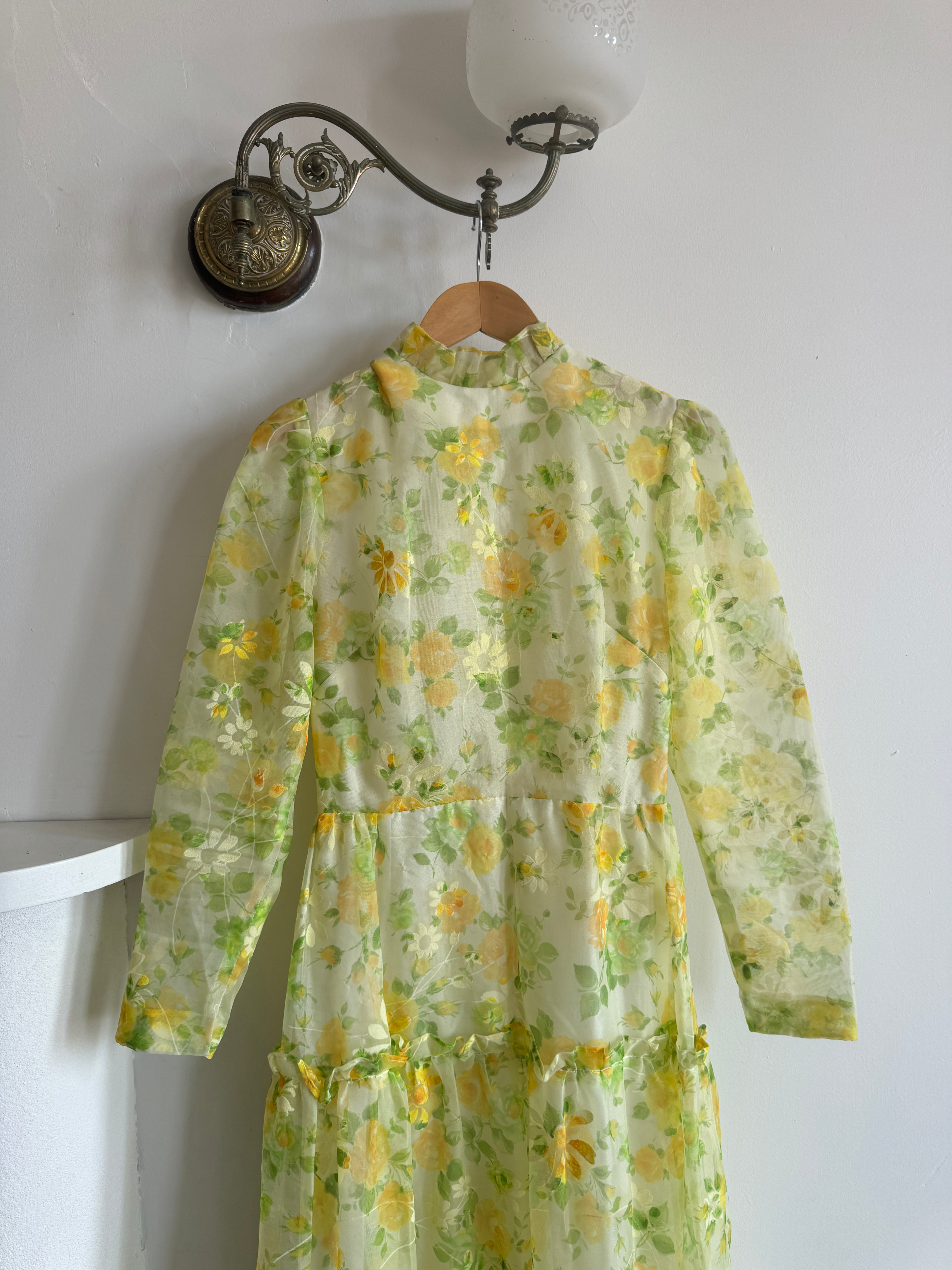 Vintage 70s Lemon Floral Tiered Maxi Dress