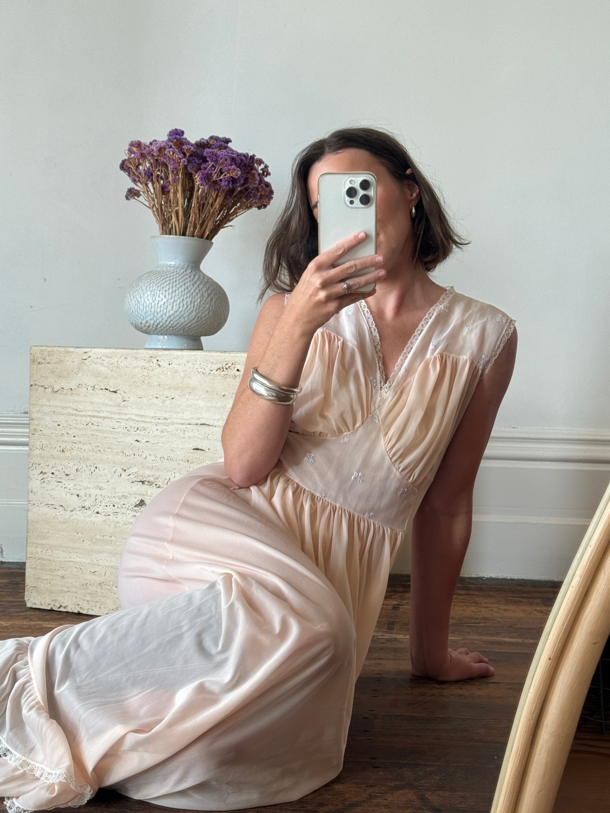 Vintage Apricot and Blue Petite Floral Maxi Dress