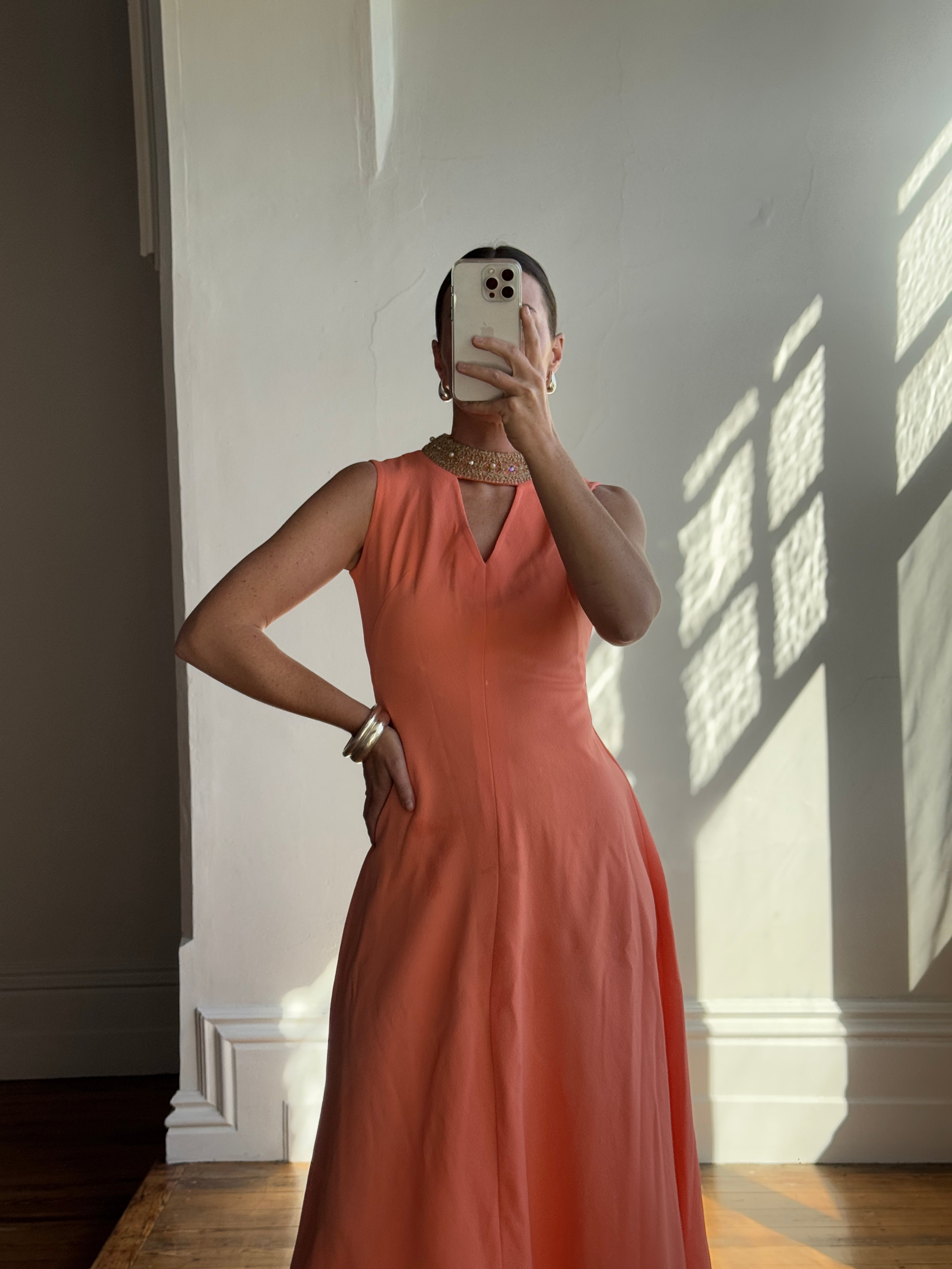 Vintage 70s Rhinestone Collared Sleeveless Dress Coral
