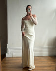 Vintage 90s Pure Silk Chiffon Empire Bow Off Shoulder Wedding Dress