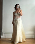 Vintage 90s Italian Nude Floral Beaded Silk Organza Wedding Gown