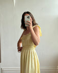 Vintage 40s Liquid Satin Shirred Dress With Ribbon Ties Yellow