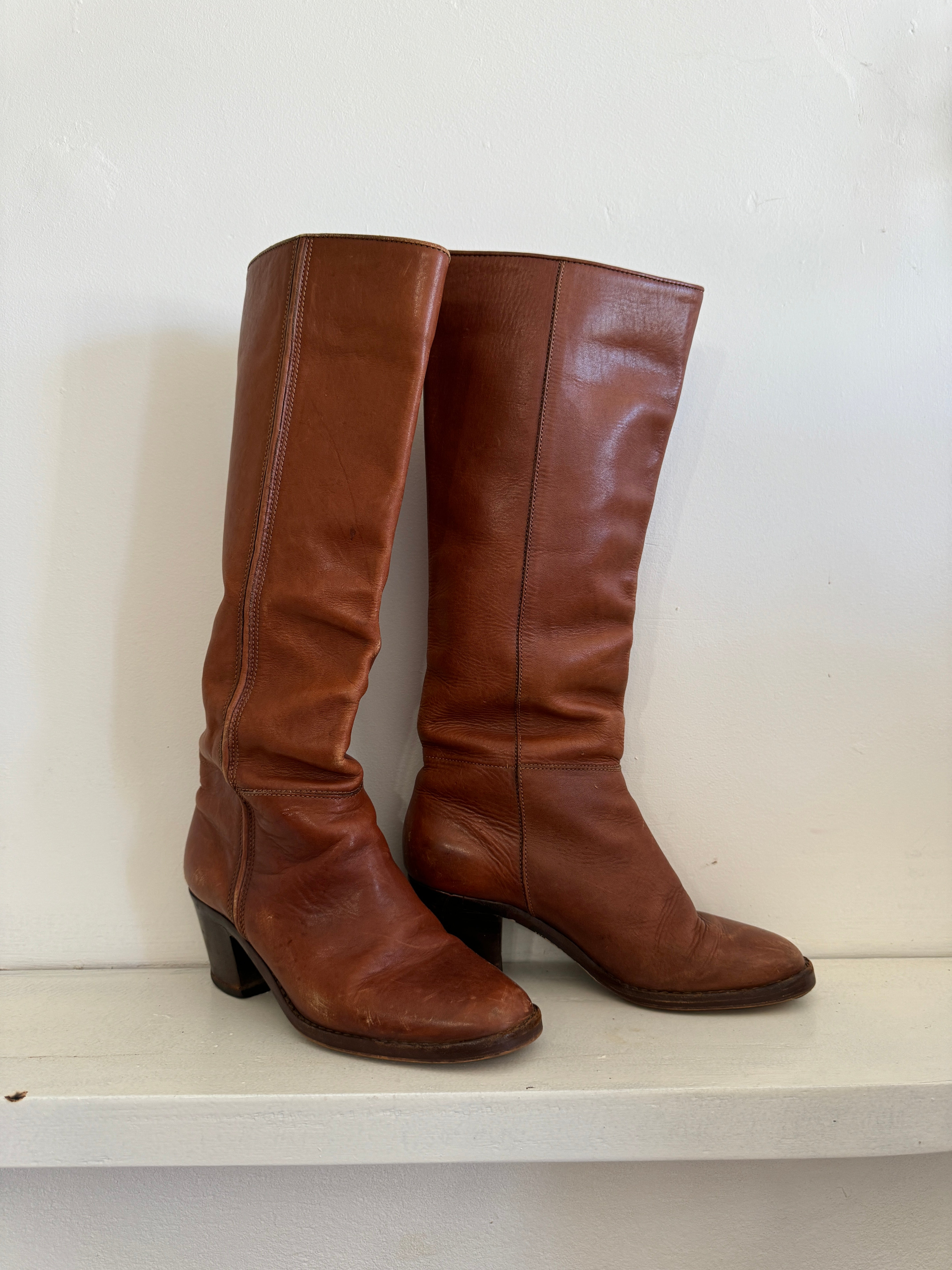 Vintage 70s Cognac Leather Calf High Boots Made in Brazil