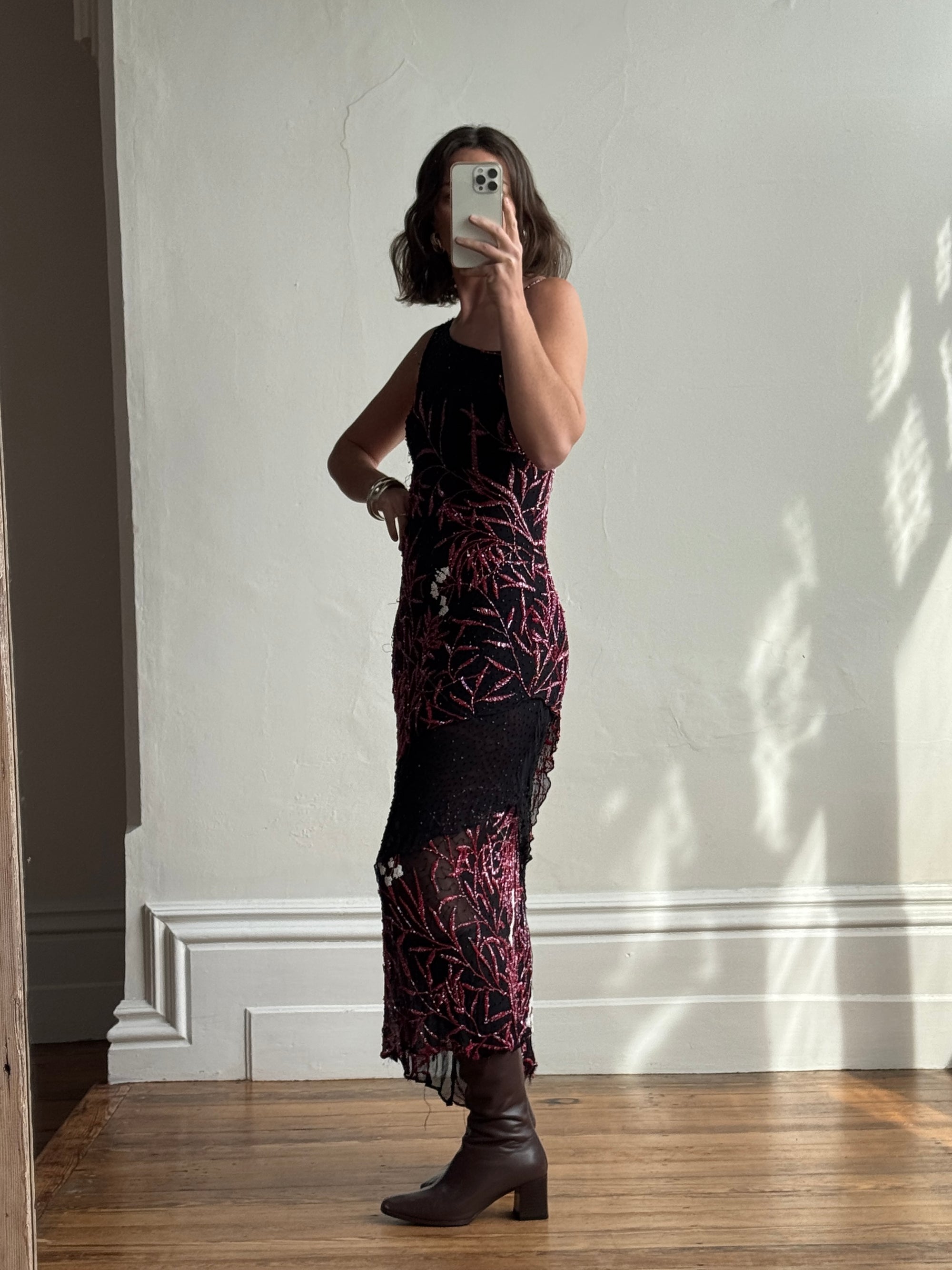Vintage 90s Beaded Asymmetrical Evening Dress Red Vine