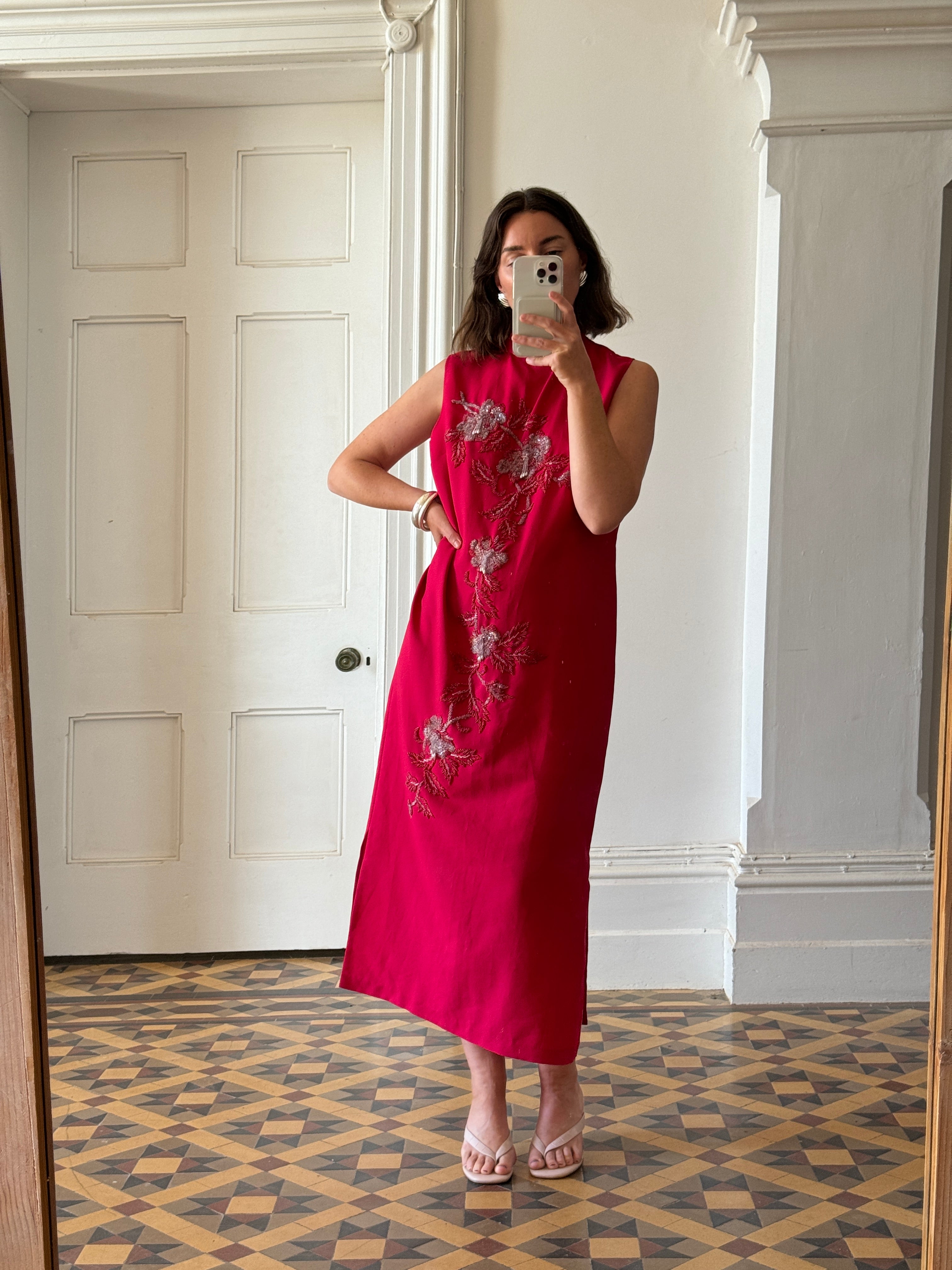 Vintage 60s Beaded Cocktail Midi Lipstick Red