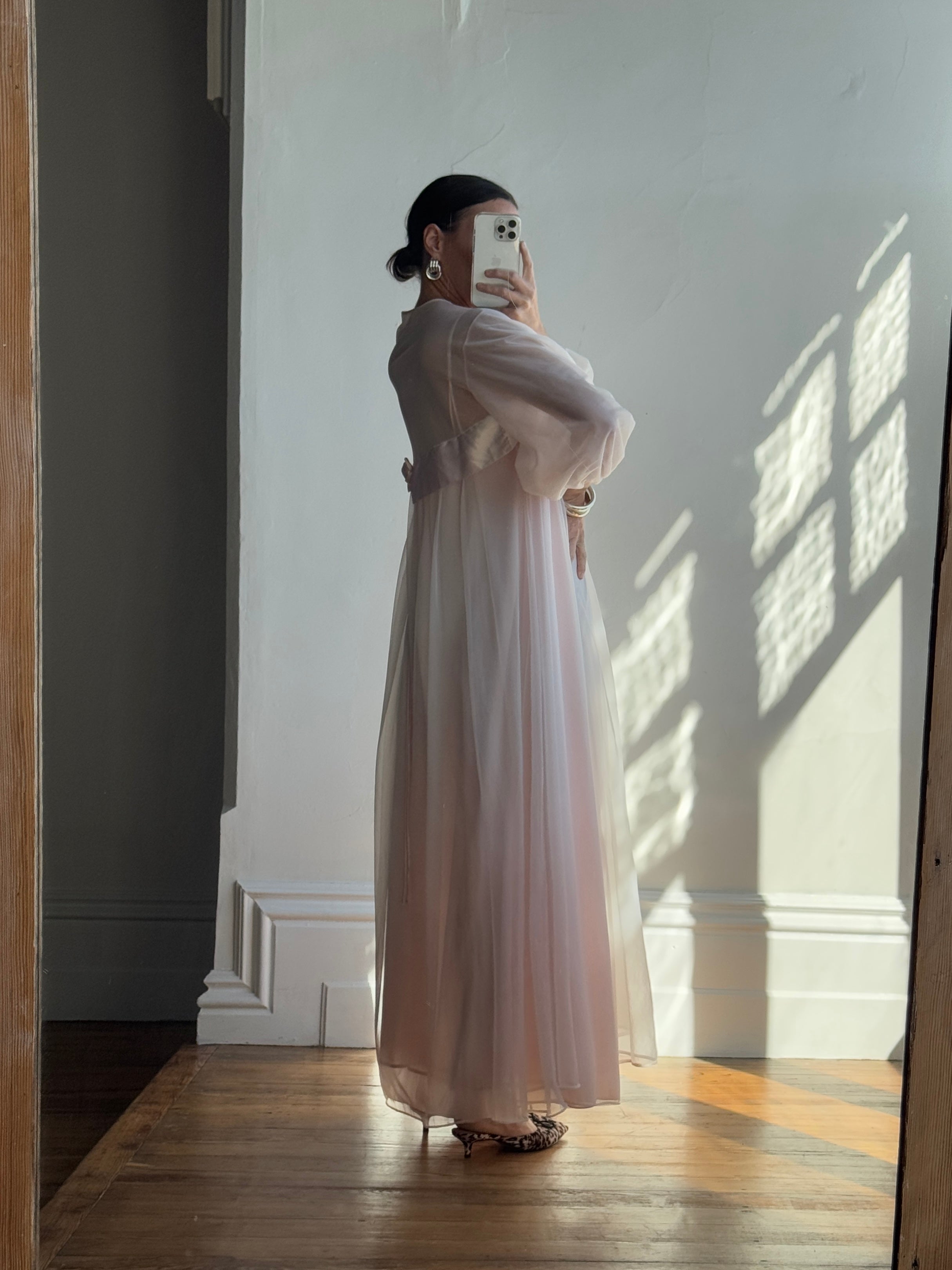 Vintage 60s Rosette Peignoir and Slip Set Pale Pink