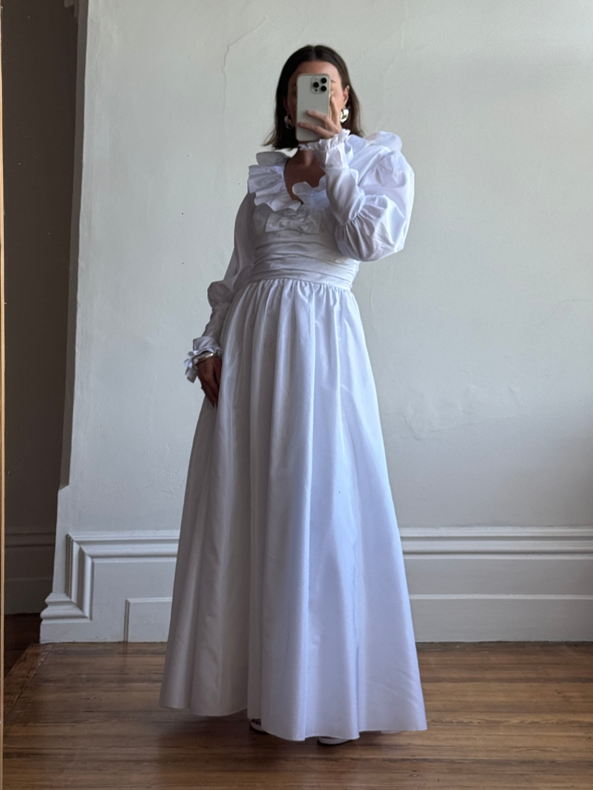 Vintage 70s Taffeta Frill Wedding Dress with Bow