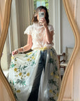 Vintage Rare Sheer Spring Floral Applique Belt Skirt